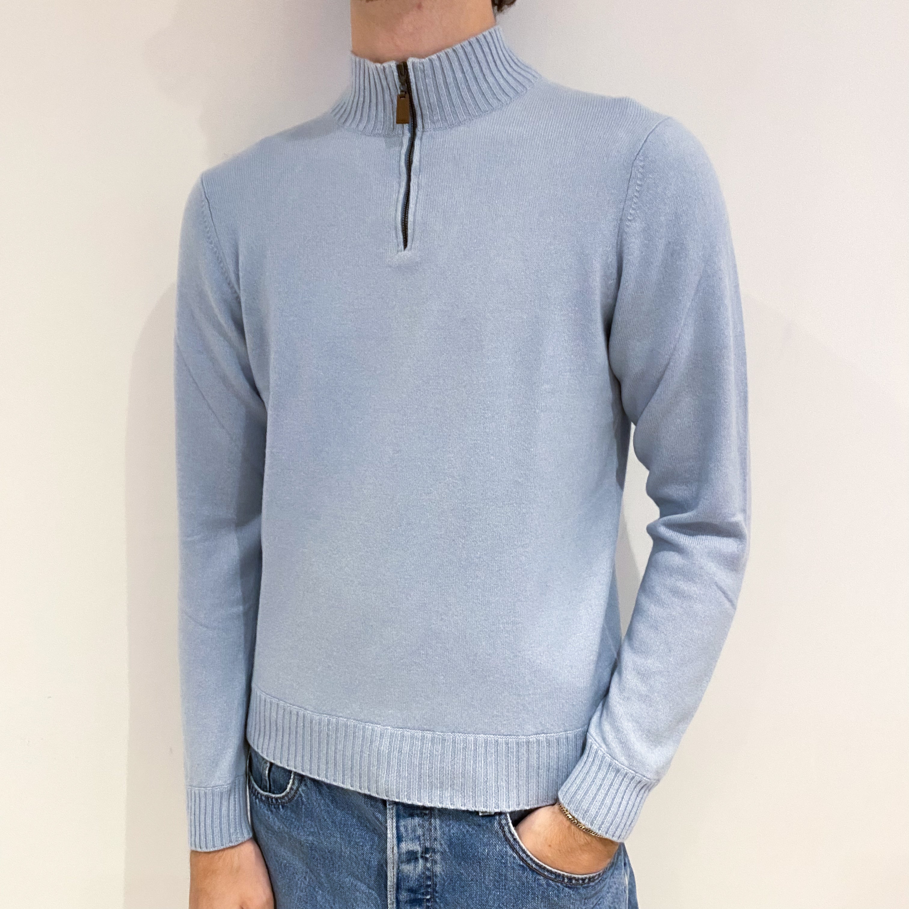 Men's Powder Blue Cashmere 1/4 Zip Jumper Medium