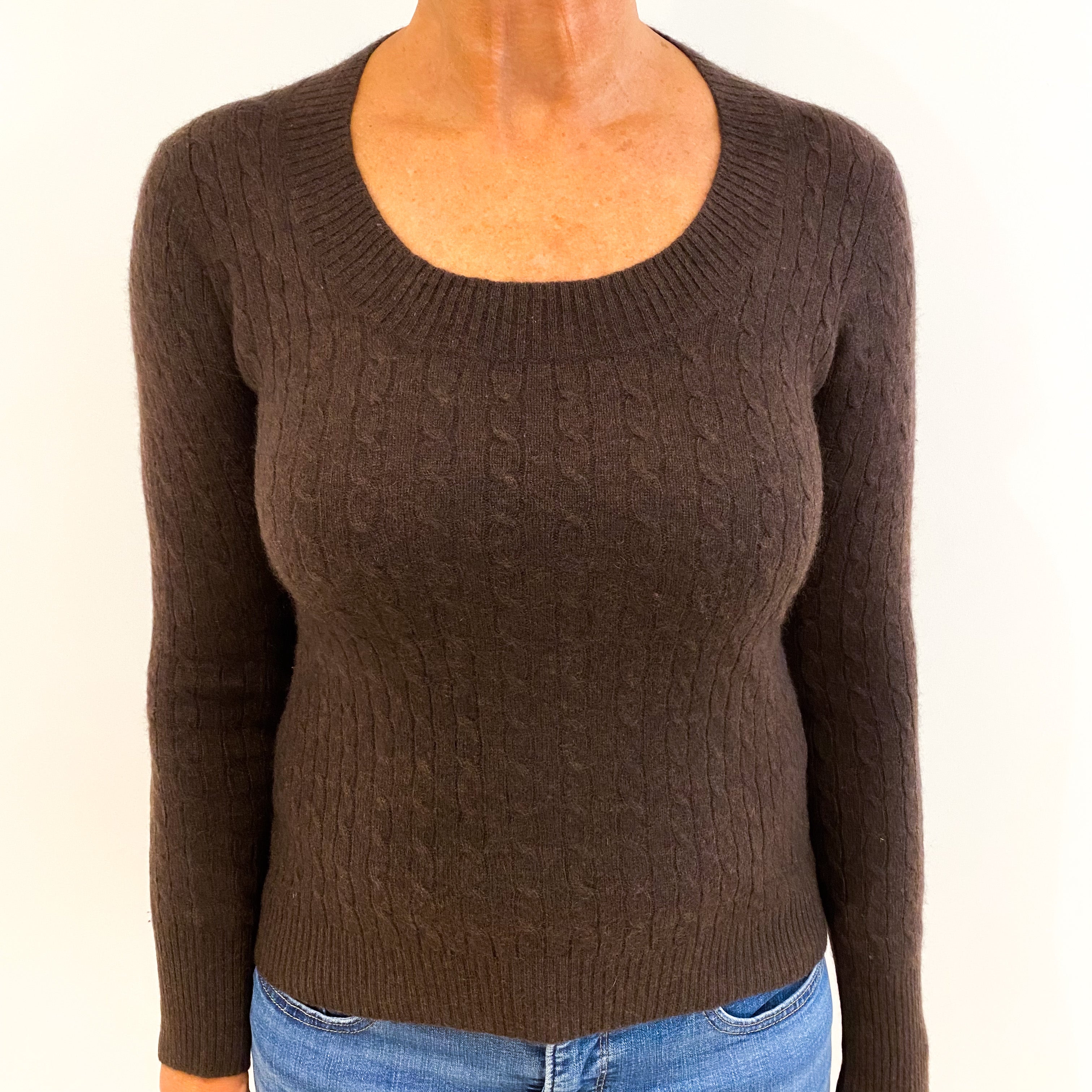 Chocolate Brown Cable Knit Cashmere Scoop Neck Jumper Medium