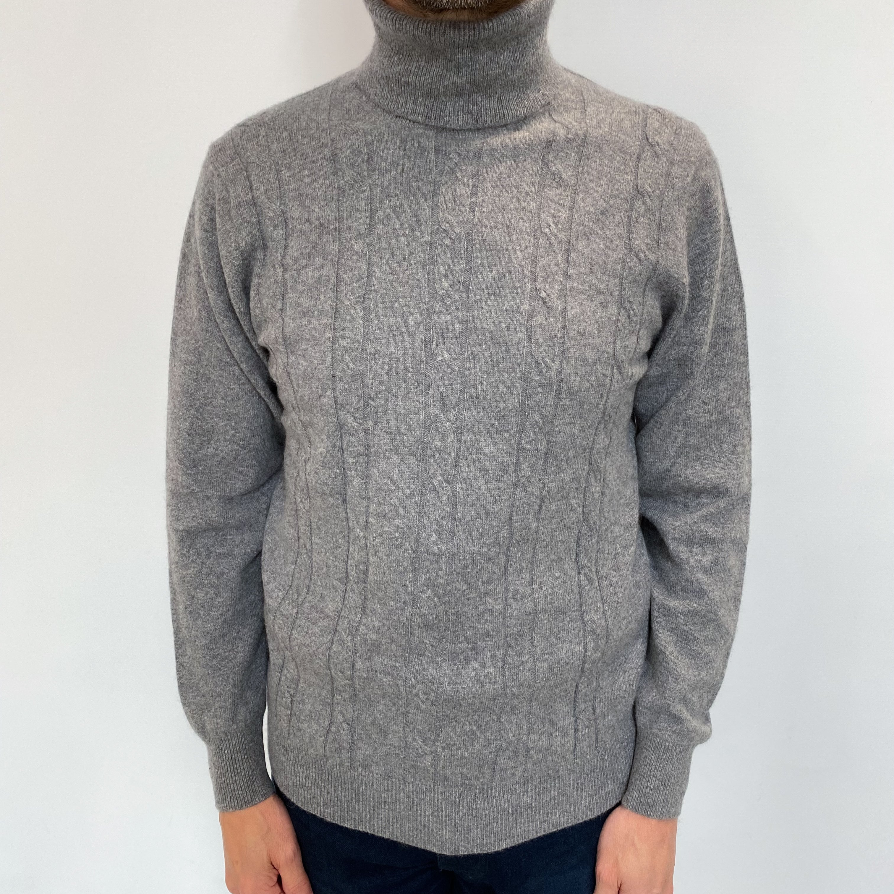 Men's Ash Grey Cashmere Polo Neck Jumper Small