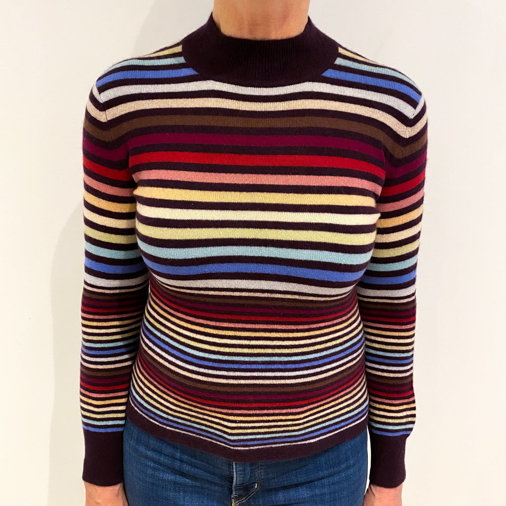 Aubergine Multicoloured Striped Cashmere Turtle Neck Jumper Medium