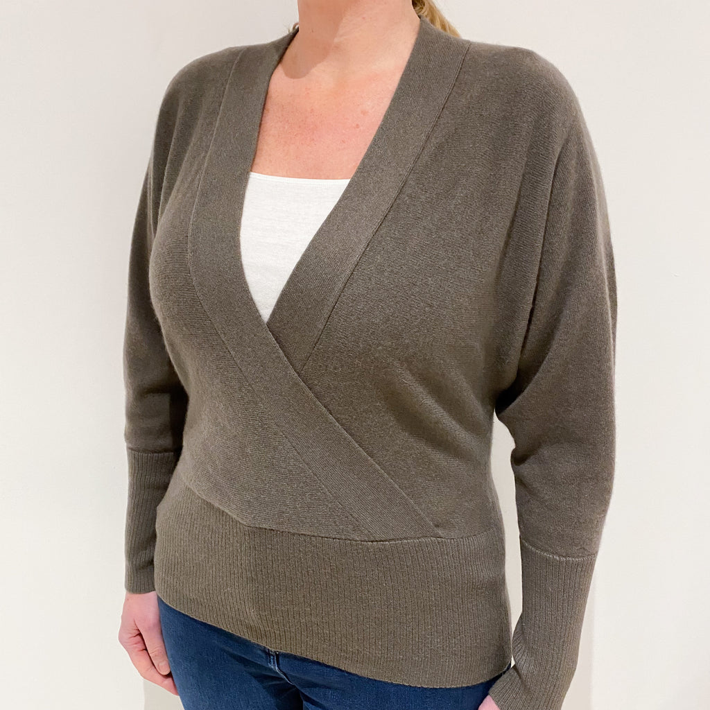 Mocha Brown Batwing Cashmere V-Neck Jumper Large