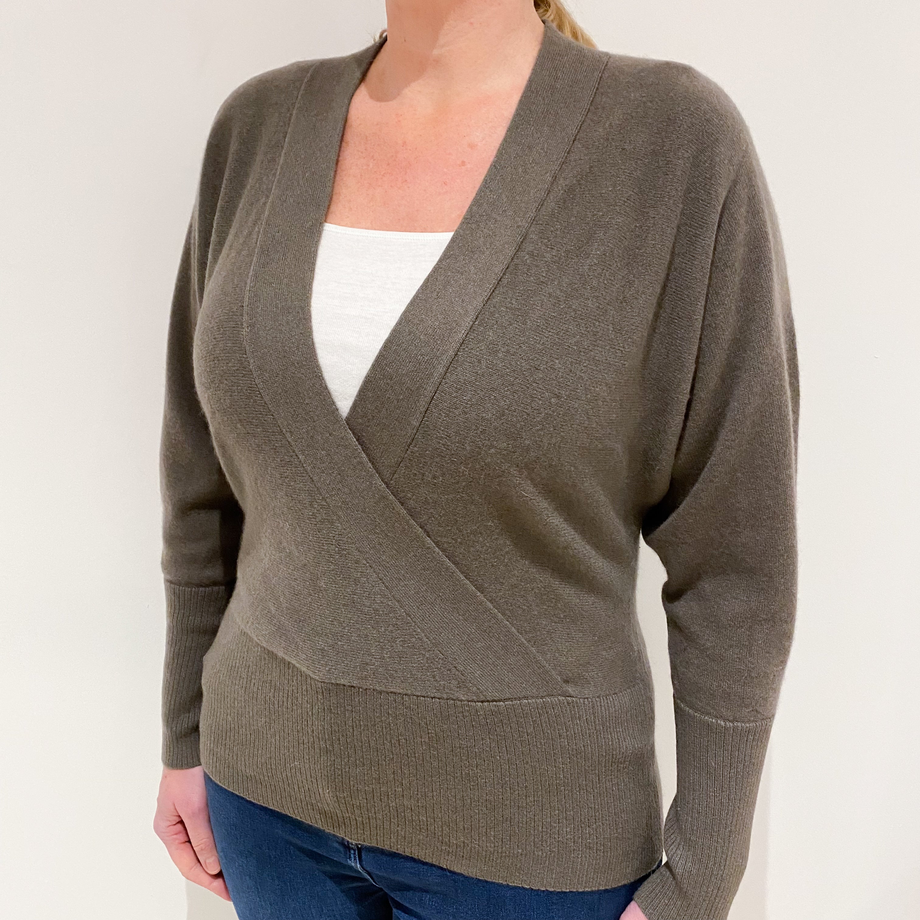 Mocha Brown Batwing Cashmere V-Neck Jumper Large