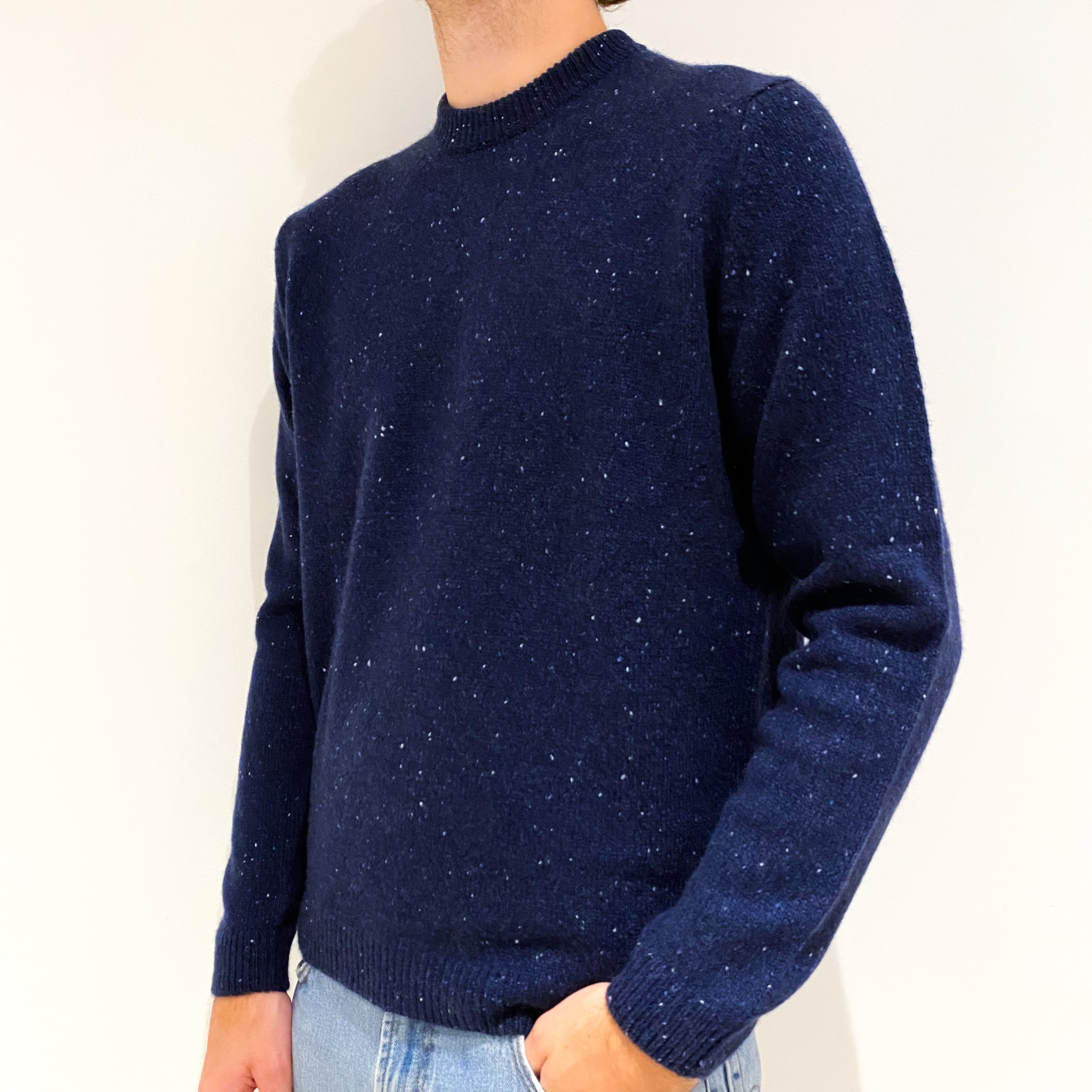 Men's Brand New Scottish Navy Donegal Cashmere Crew Neck Jumper Small