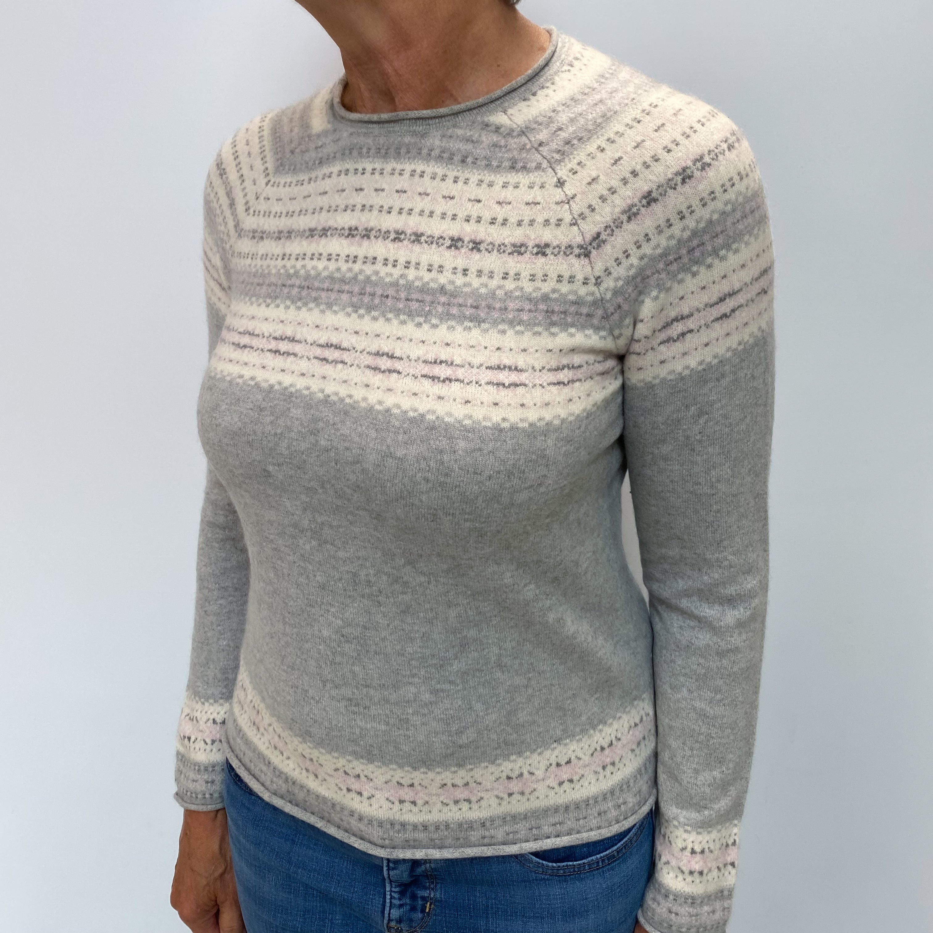 Smoke Grey Fair-Isle Cashmere Crew Neck Jumper Medium