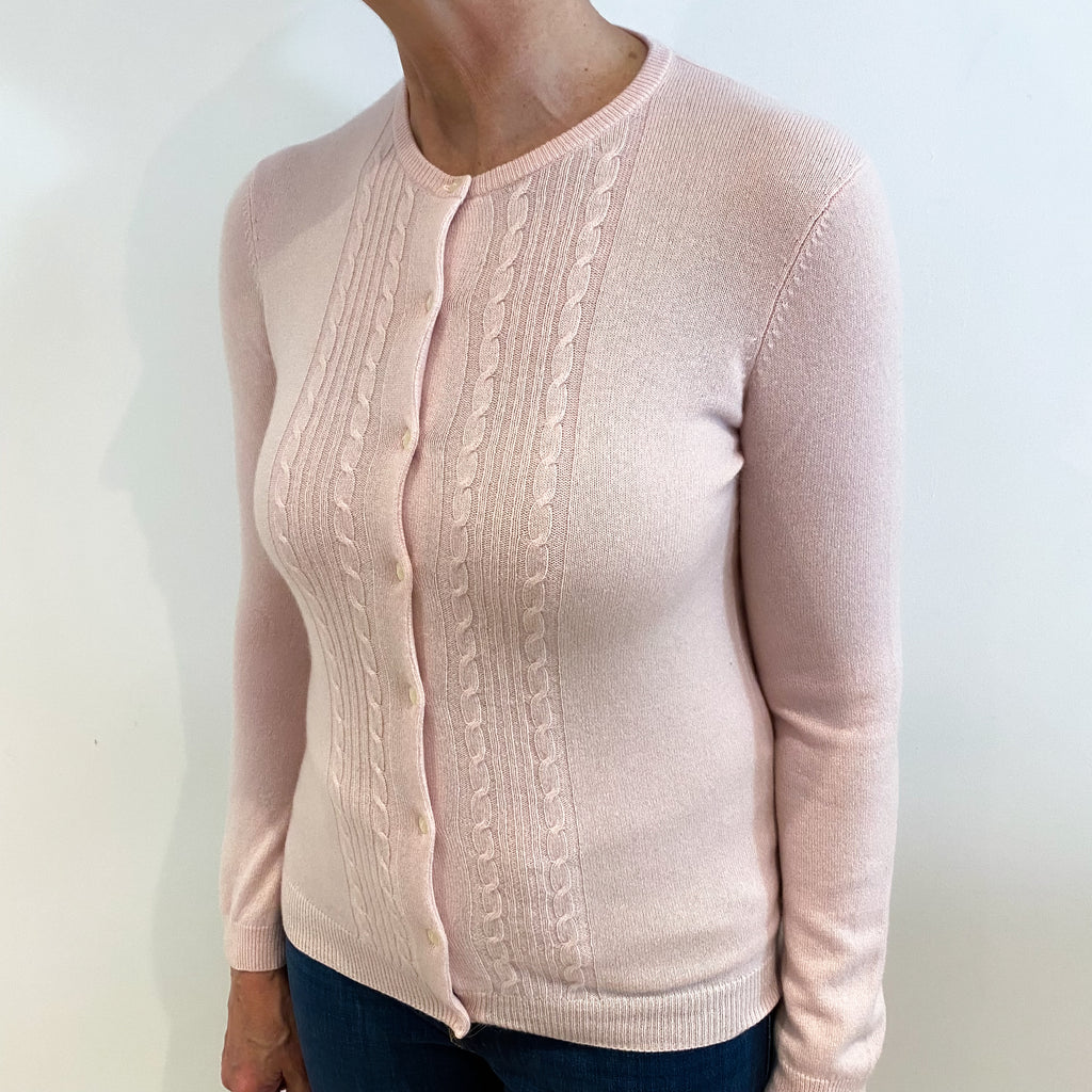 Shell Pink Cable Detail Cashmere Crew Neck Cardigan Medium