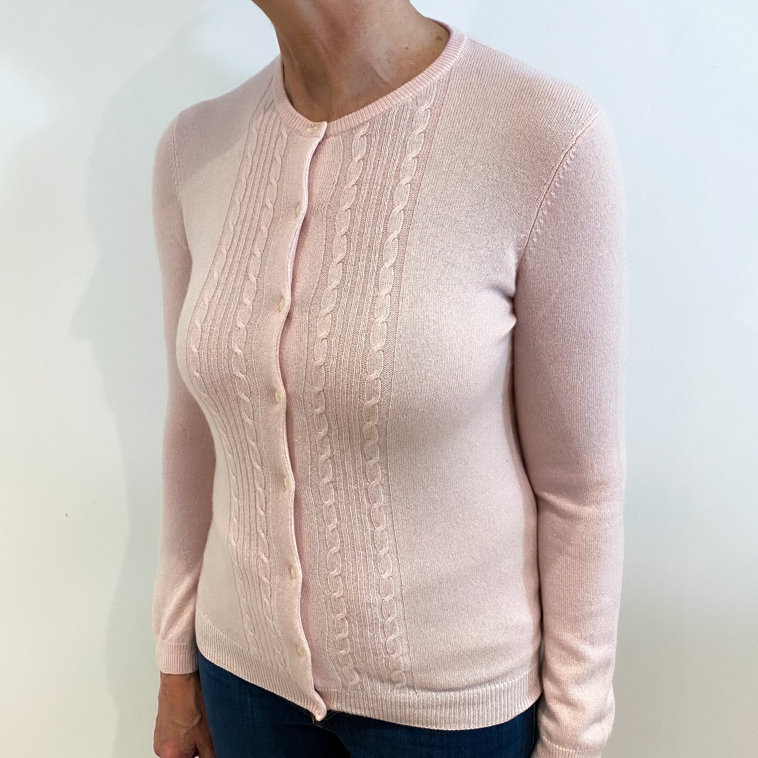 Shell Pink Cable Detail Cashmere Crew Neck Cardigan Medium