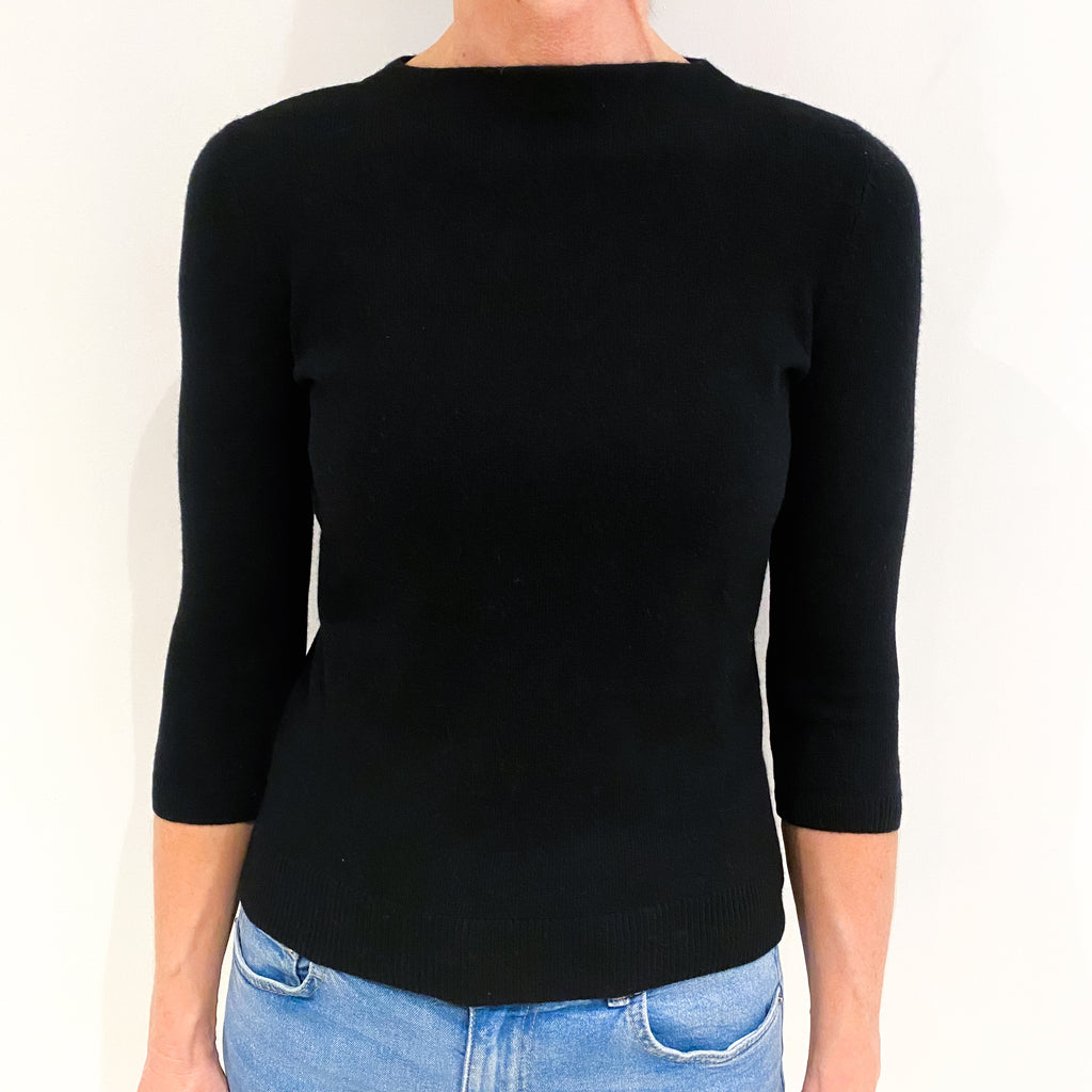 Black Cashmere 3/4 Sleeve High Crew Neck Jumper Small