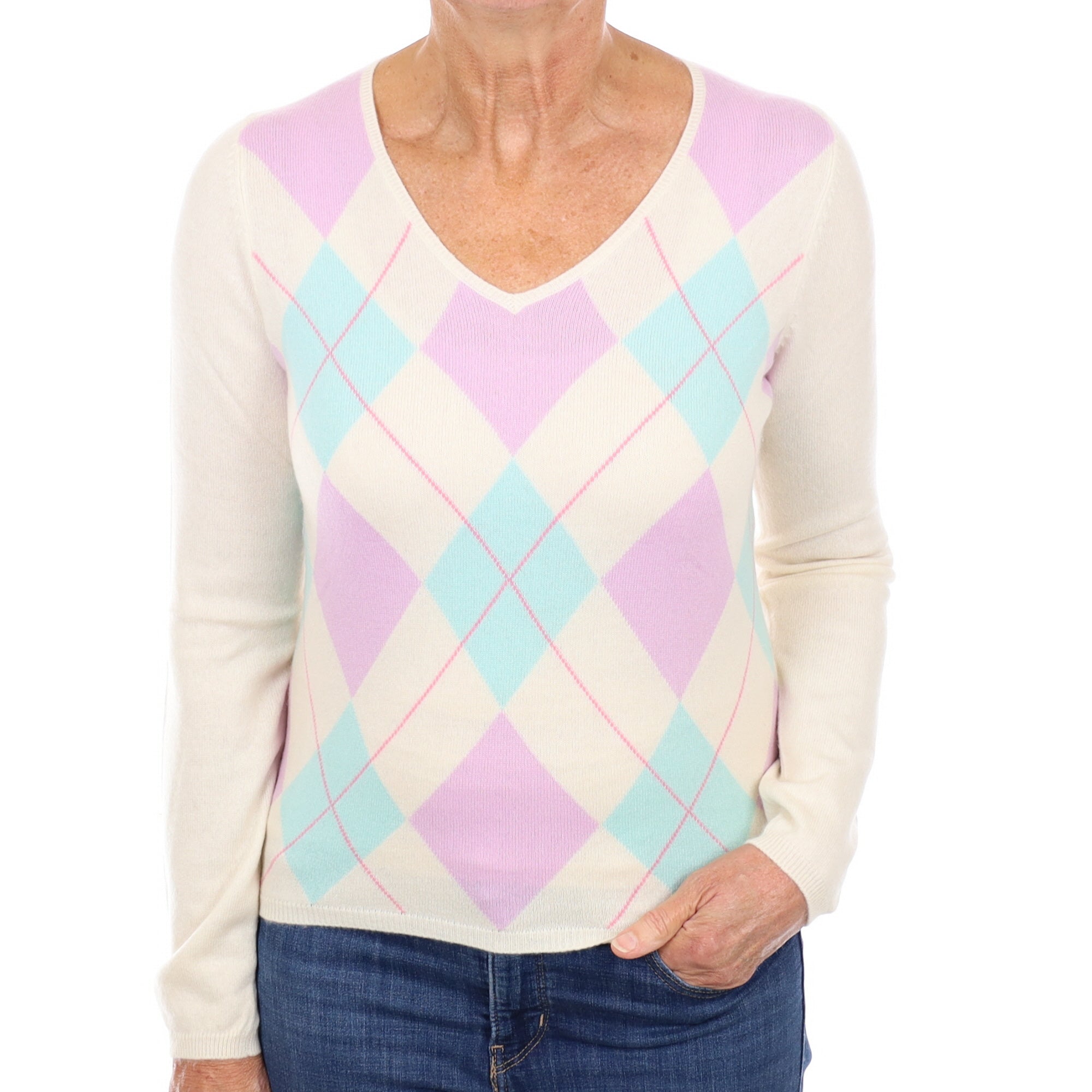 Cream Lilac Argyle Cashmere V Neck Jumper Medium