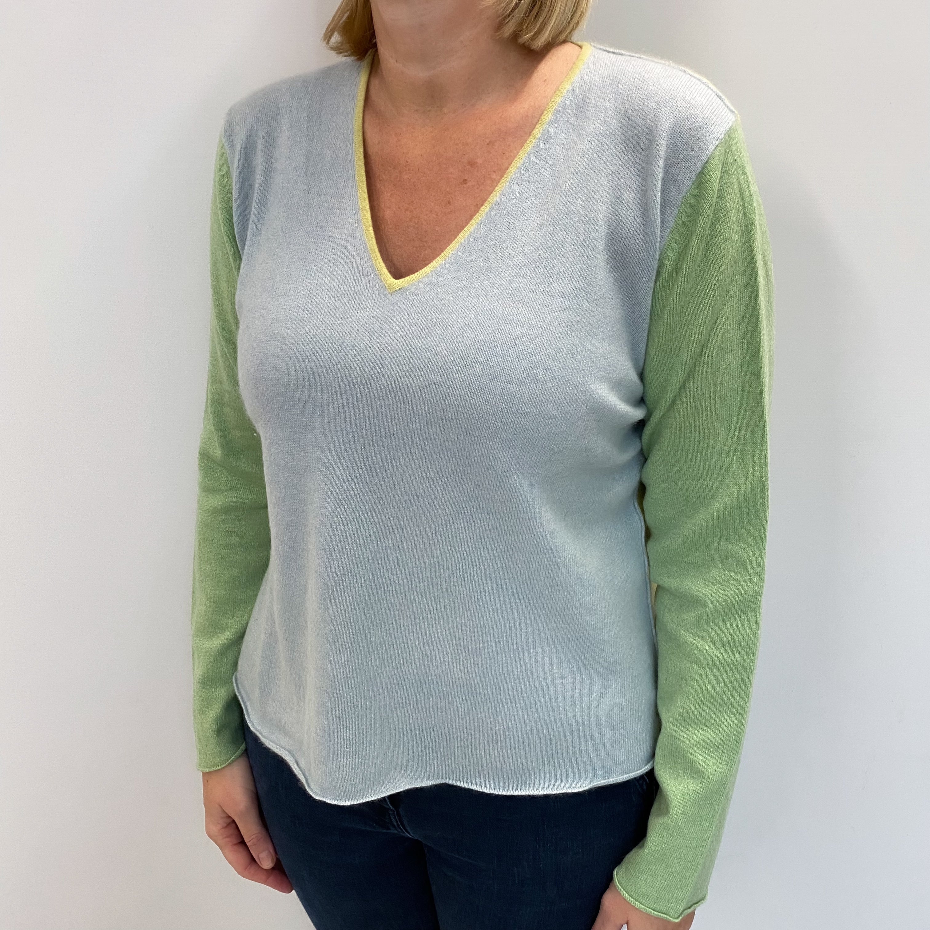 Opal Blue Colourblock Cashmere V Neck Jumper Large