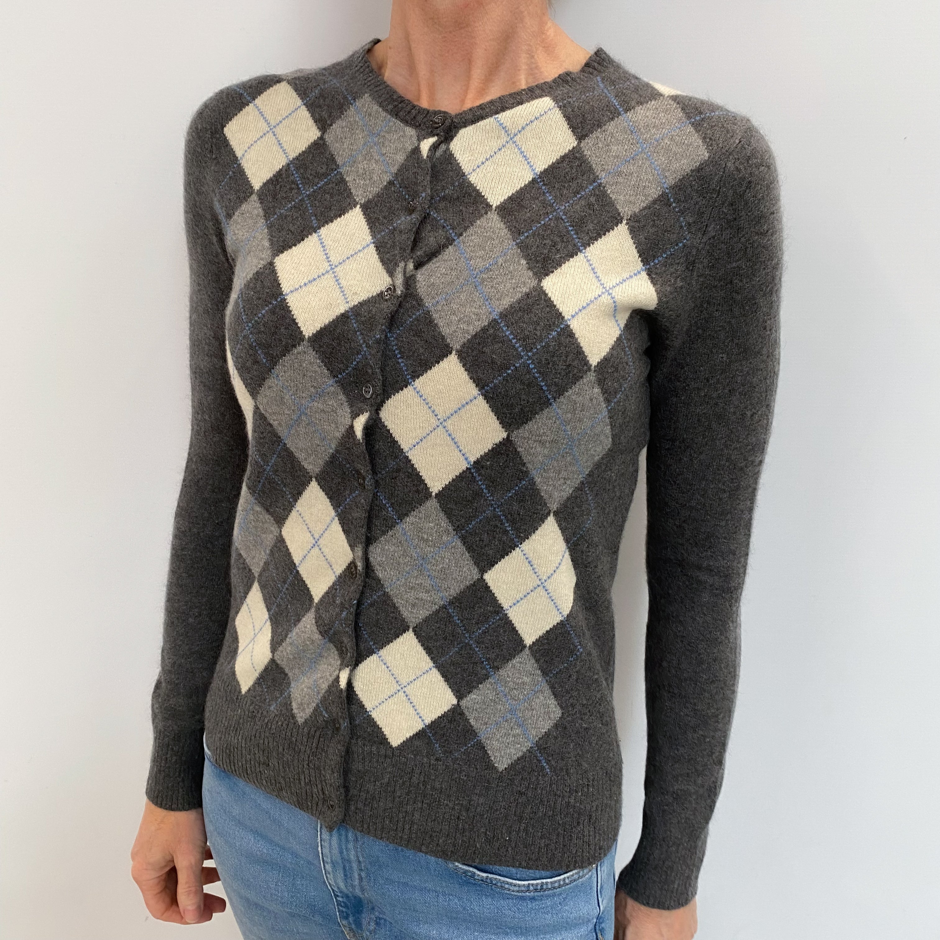 Stone Grey Argyle Cashmere Crew Neck Cardigan Small