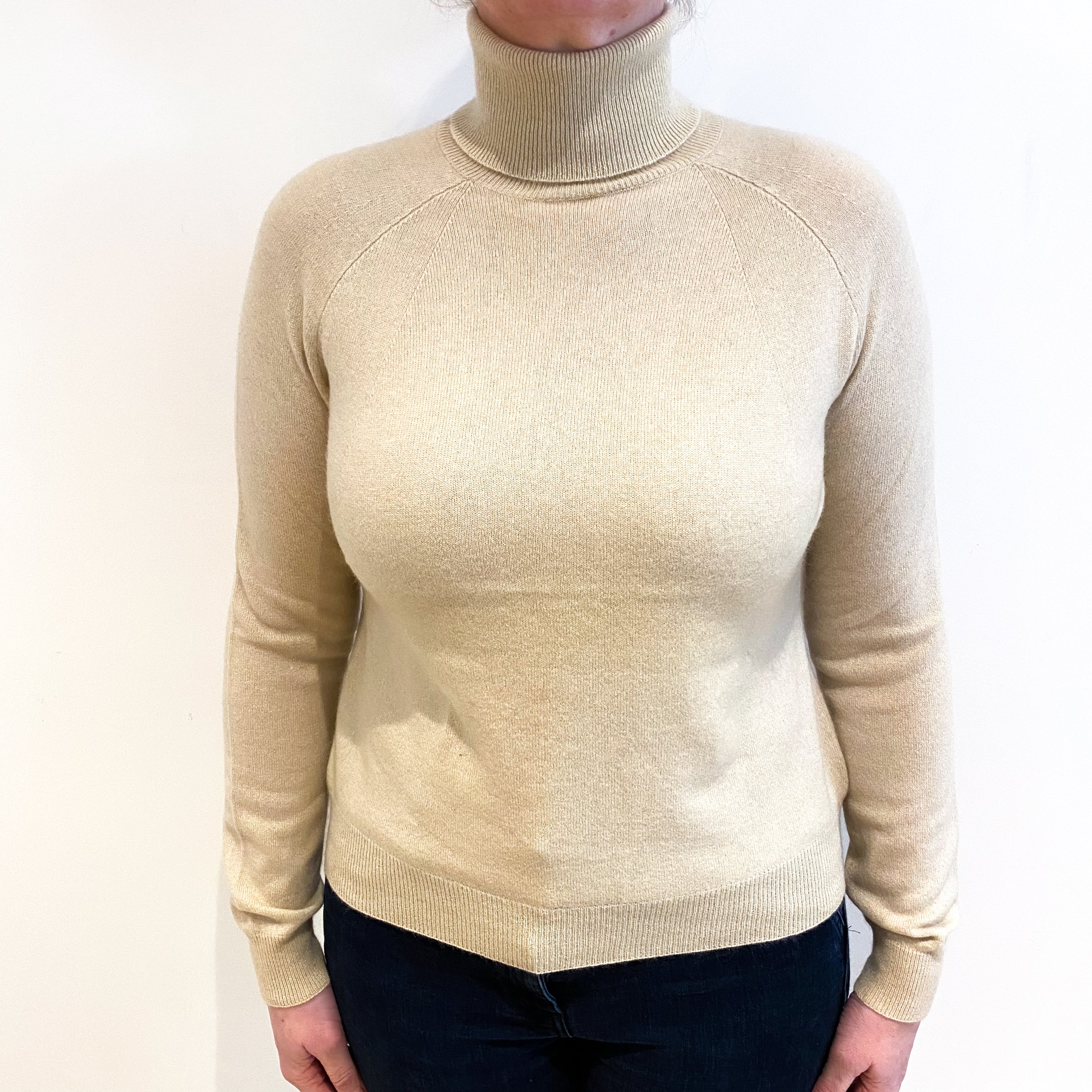 Soft Beige Cashmere Polo Neck Jumper Large