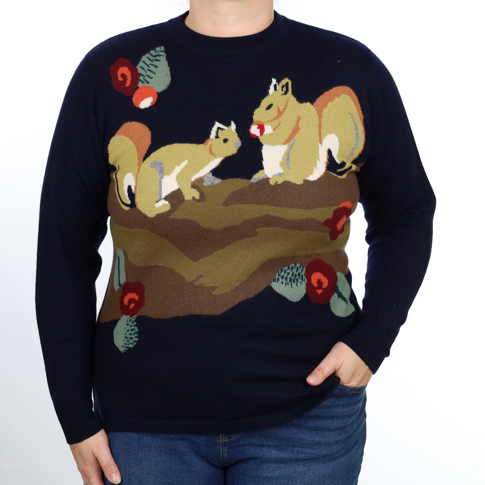 Navy Squirrel Motif Cashmere Crew Neck Jumper Large