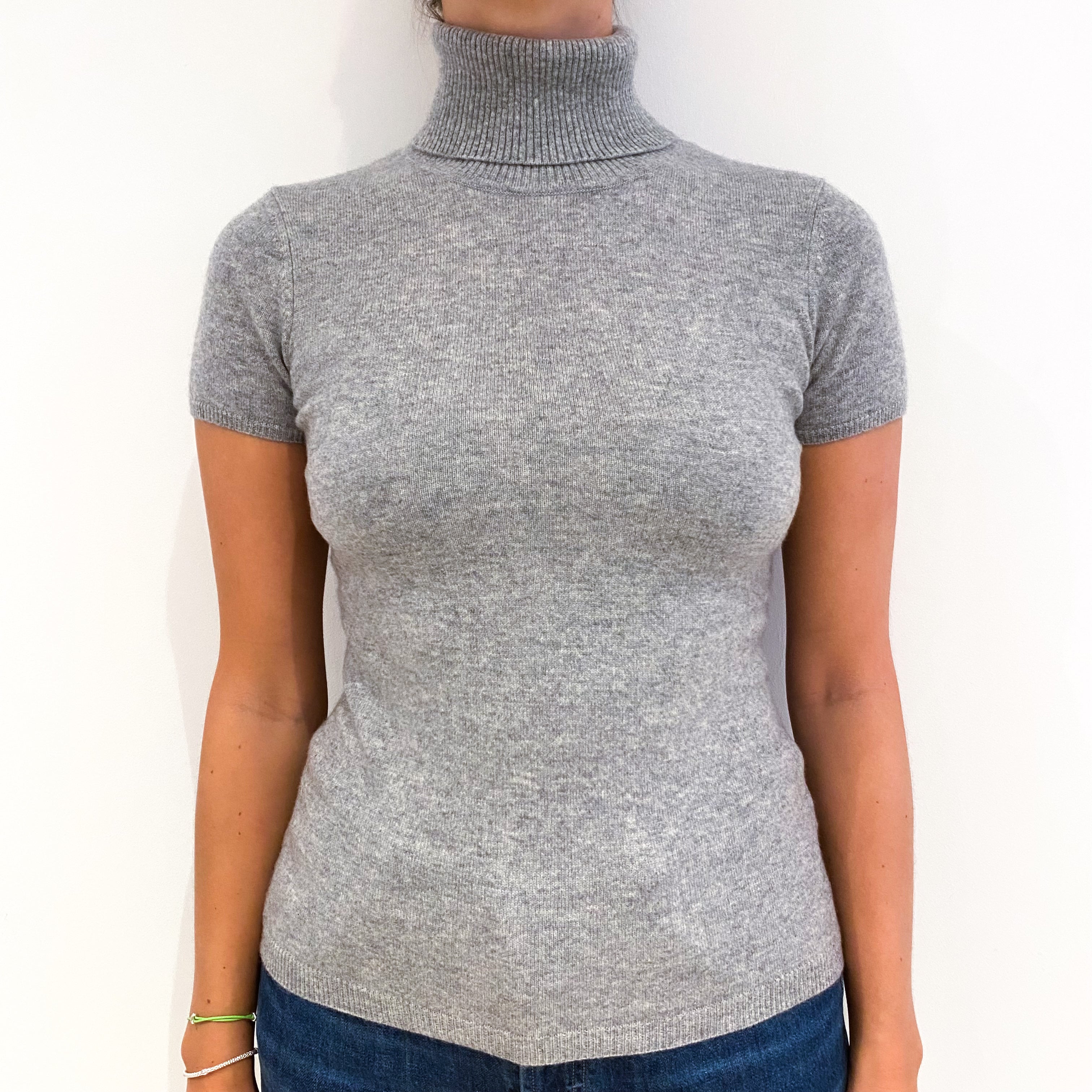 Smoke Grey Short Sleeved Cashmere Polo Neck Jumper Small