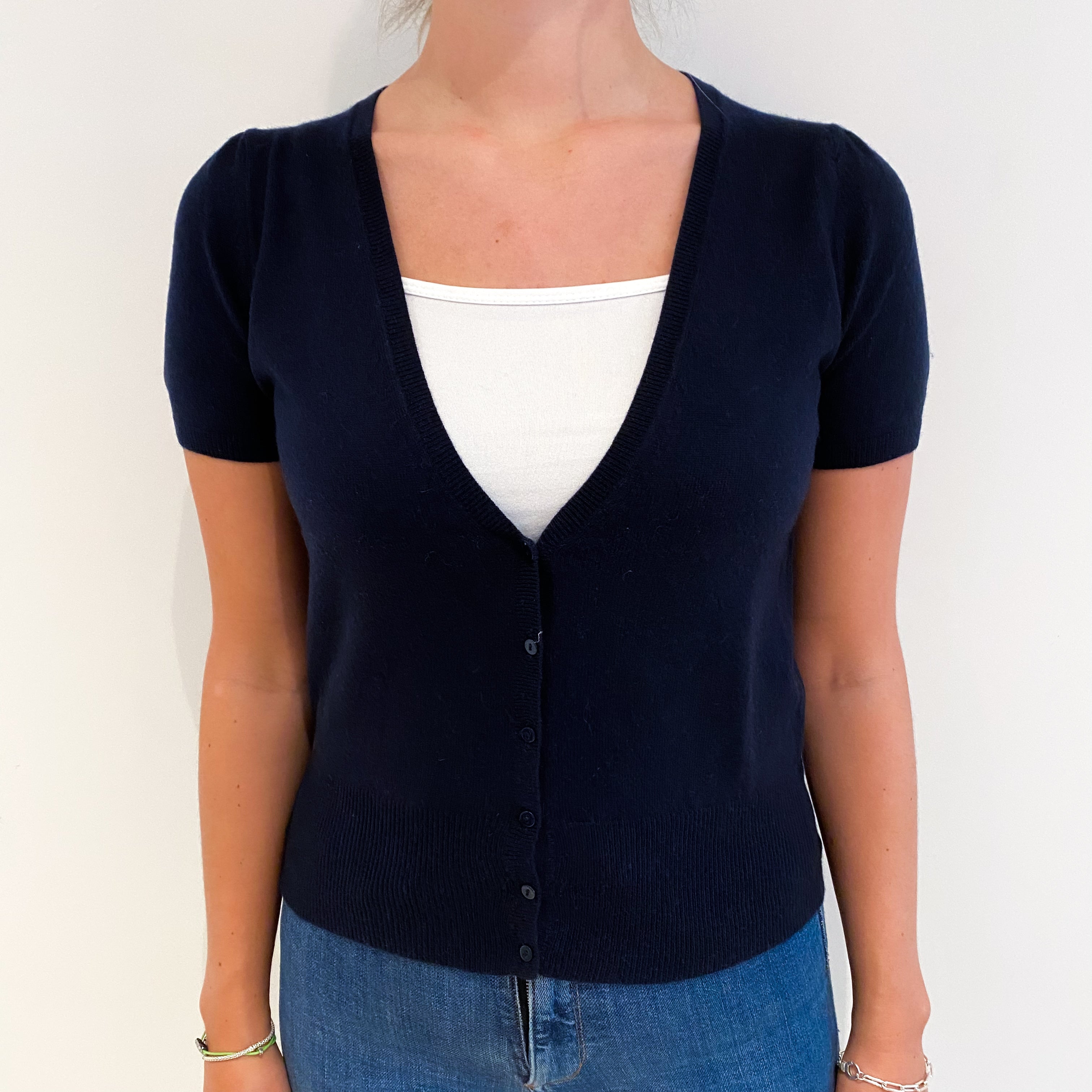 Navy Blue Cashmere V Neck Short Sleeved Cardigan Small