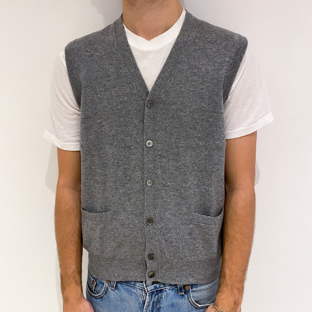 Men's Ash Grey Cashmere V Neck Gilet with Pockets Large