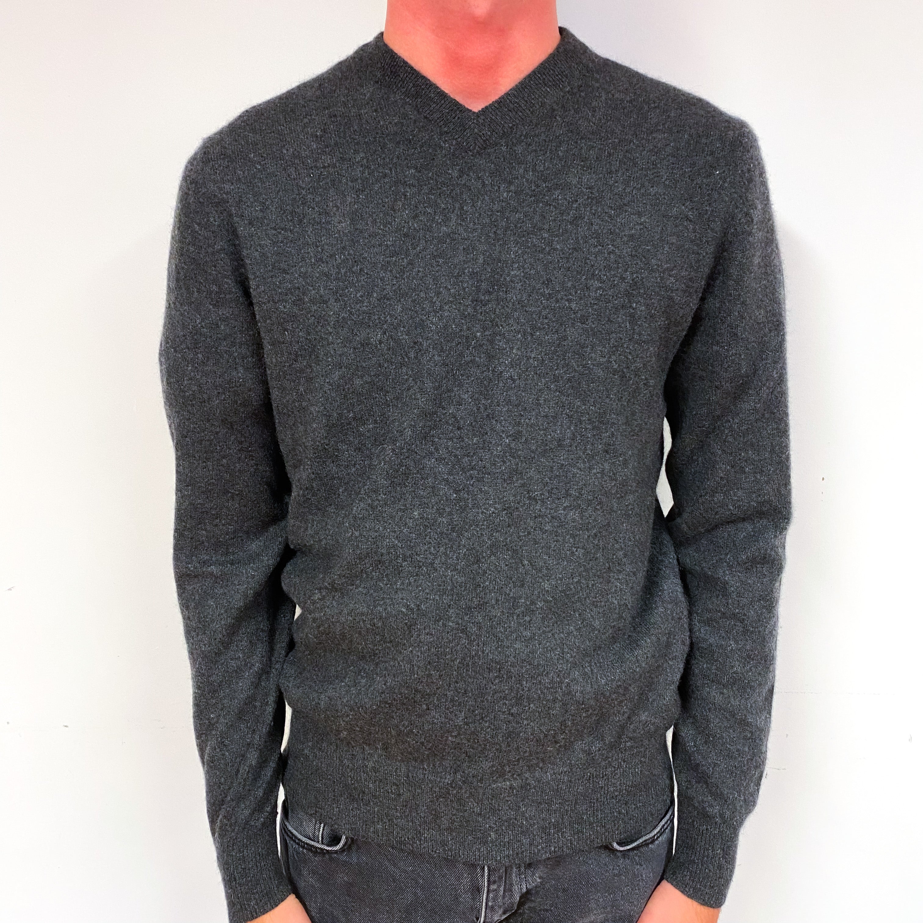 Men's Dark Slate Grey Cashmere V-Neck Jumper Small