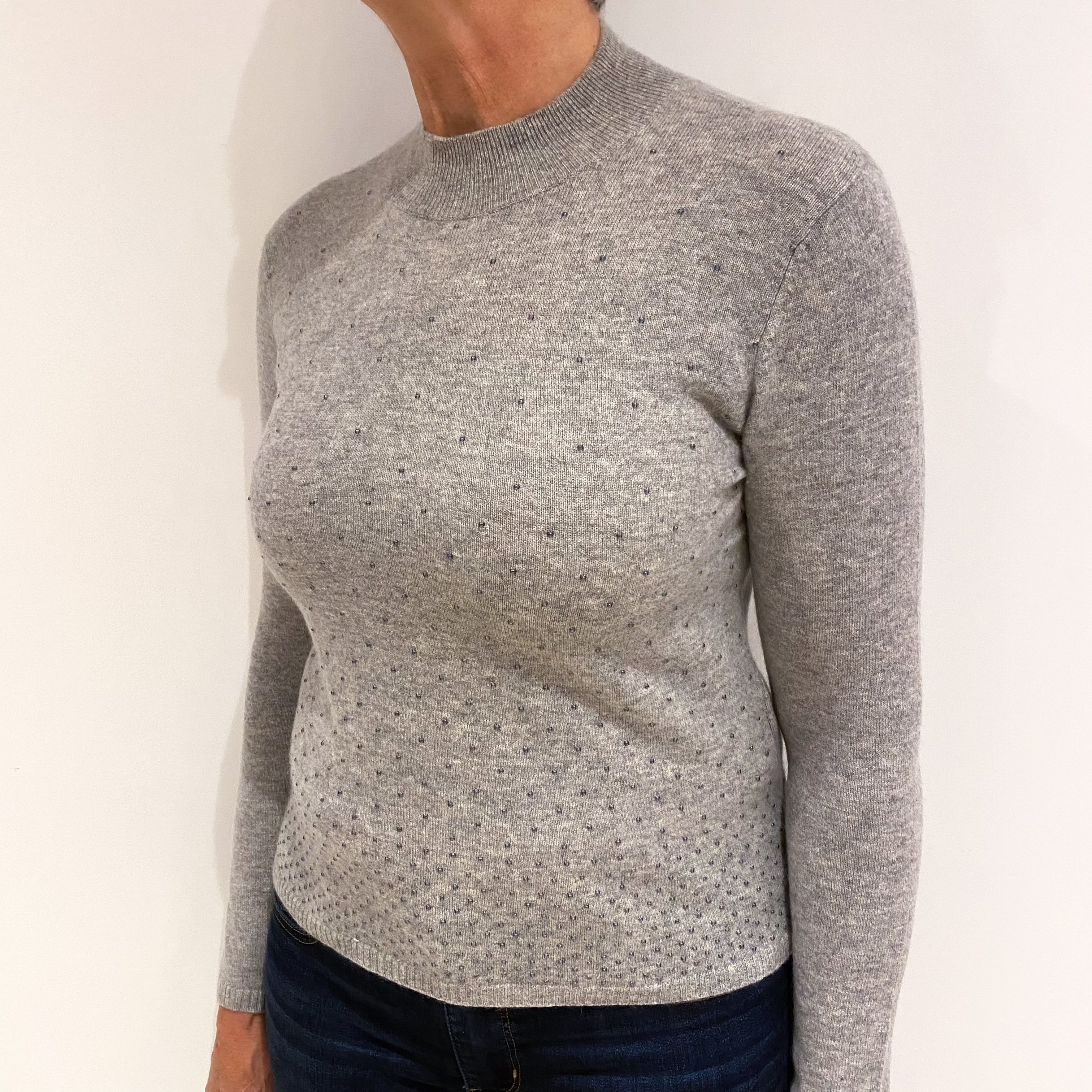 Smoke Grey Embellished Cashmere Turtle Neck Jumper Medium