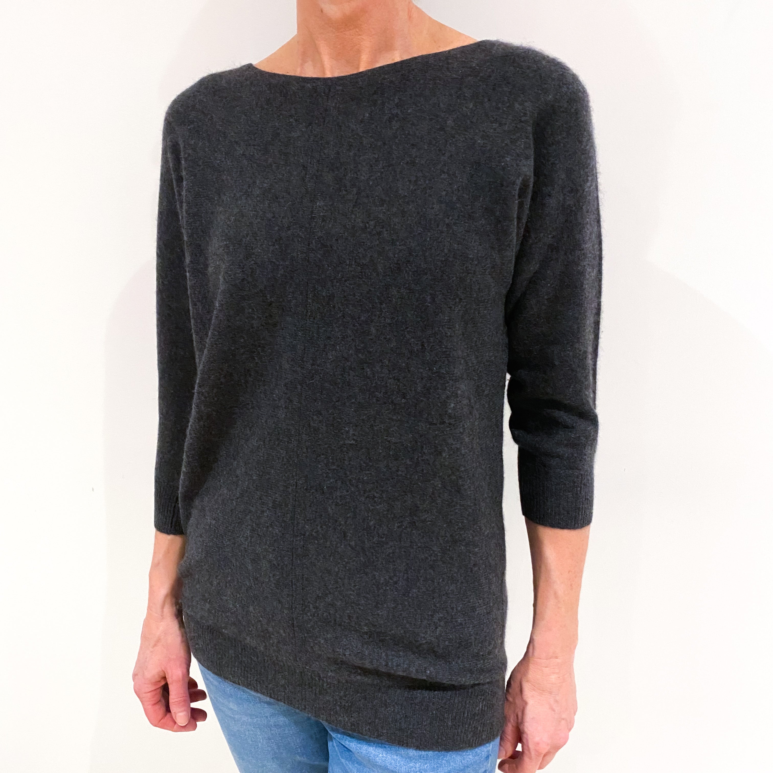 Charcoal Grey Cashmere Batwing Boat Neck Jumper Small
