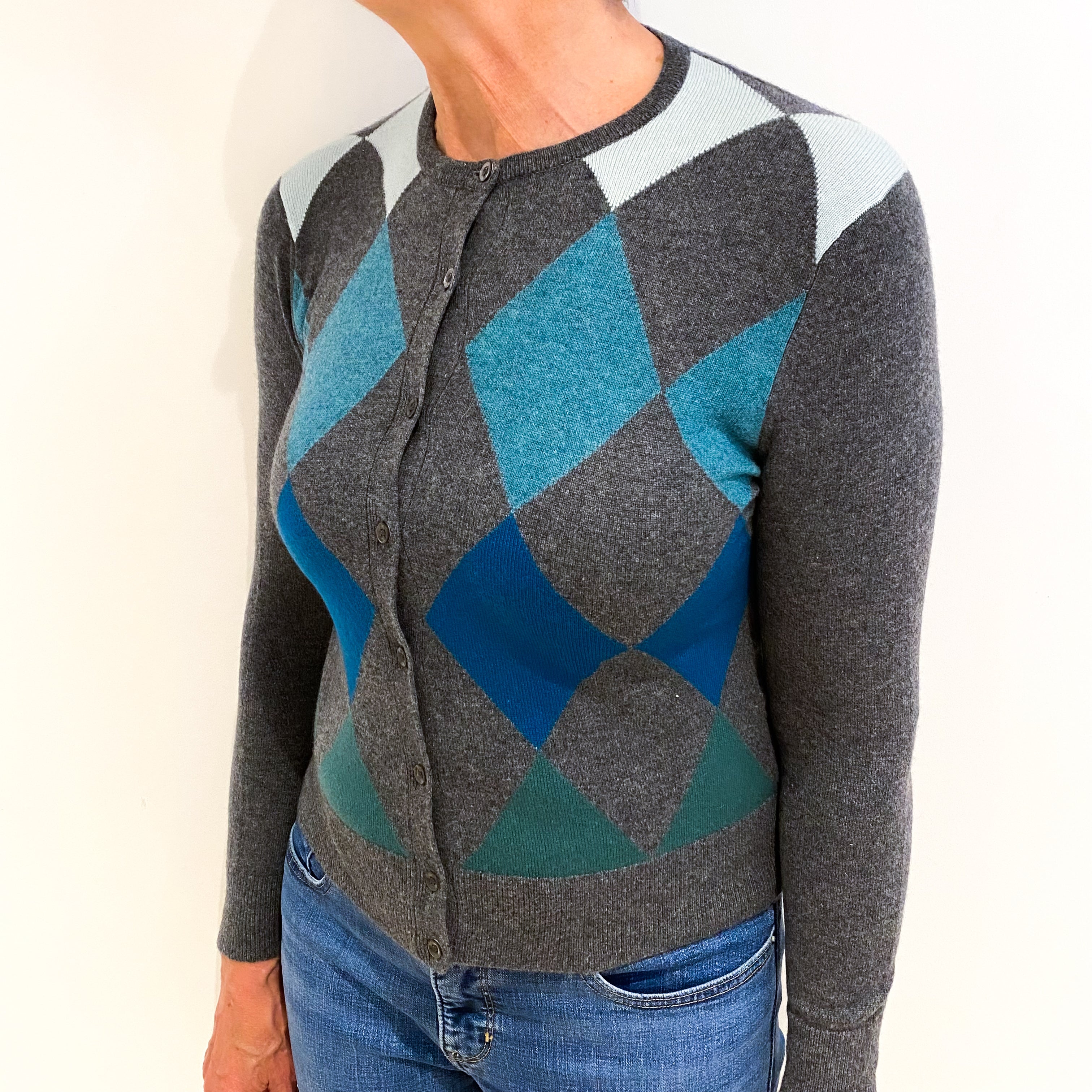 Slate Grey Diamond Pattern Cashmere Cardigan Medium