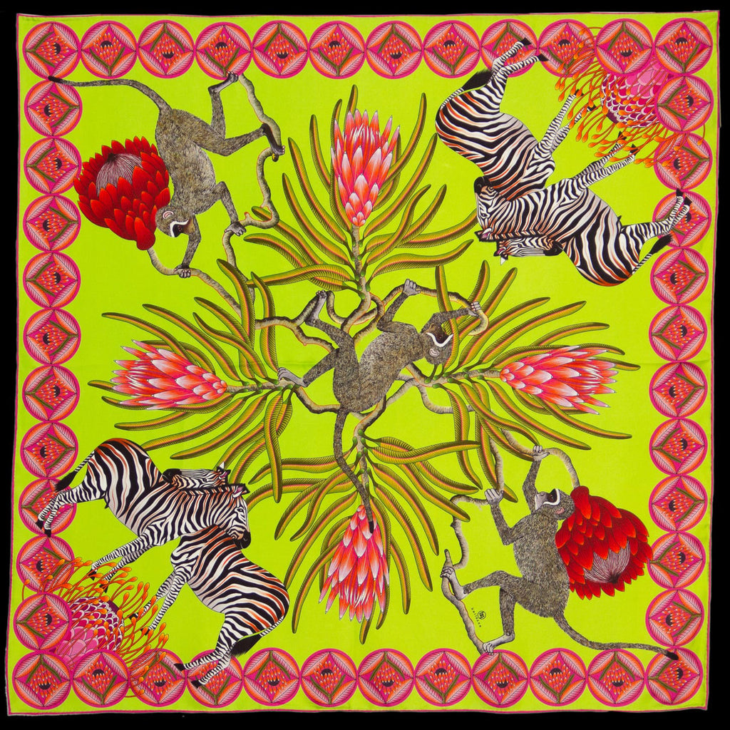 Brand New Bellezza Lemon & Lime Zebra Safari Double Faced Silk Scarf