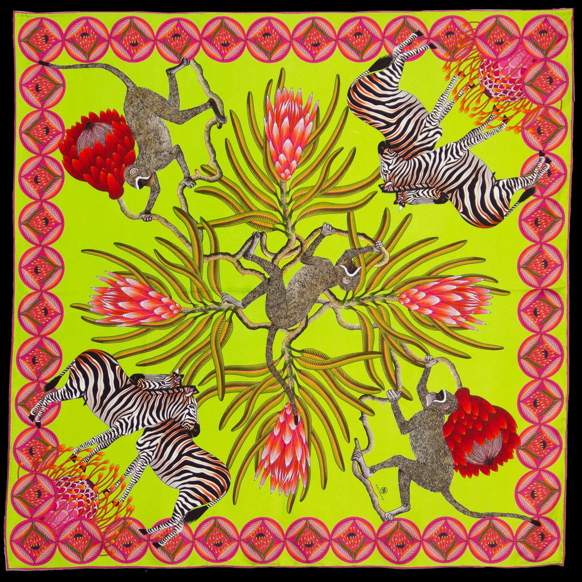 Brand New Bellezza Lemon & Lime Zebra Safari Double Faced Silk Scarf