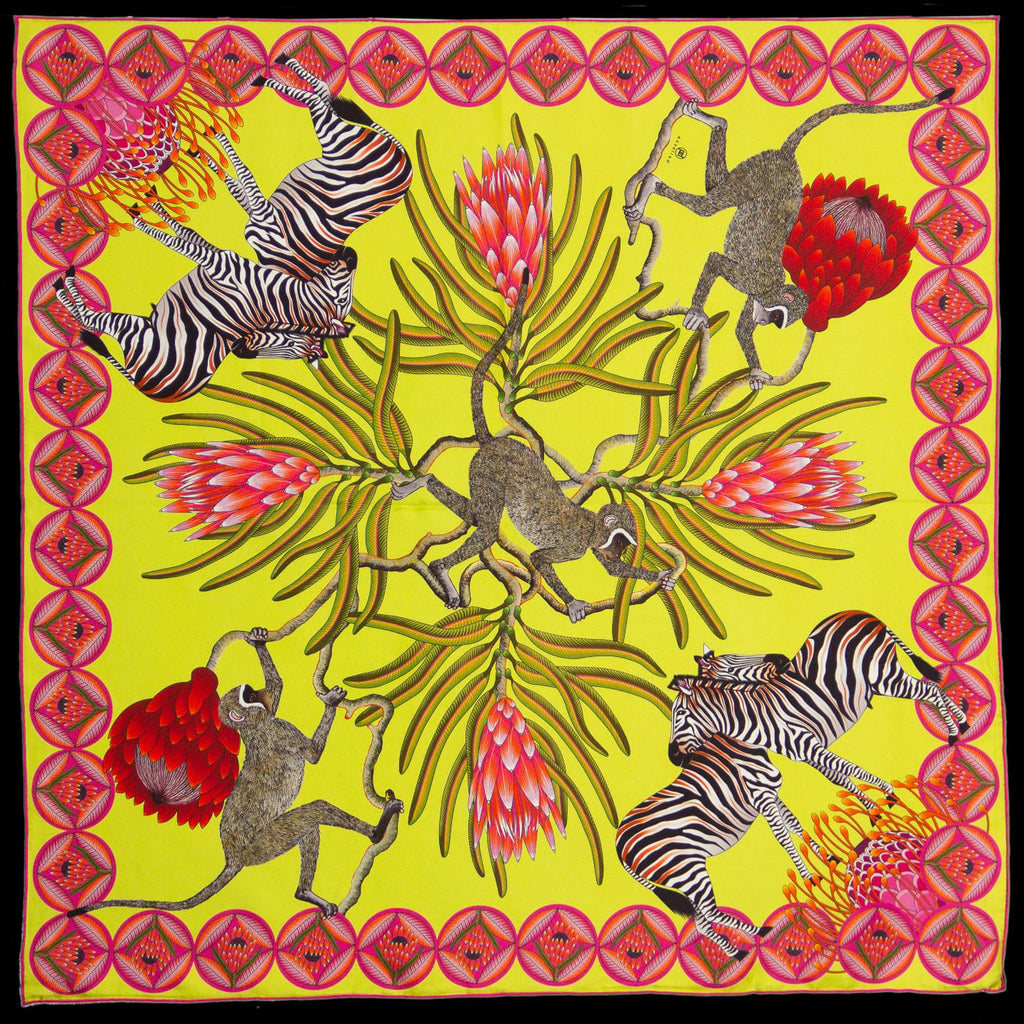Brand New Bellezza Lemon & Lime Zebra Safari Double Faced Silk Scarf