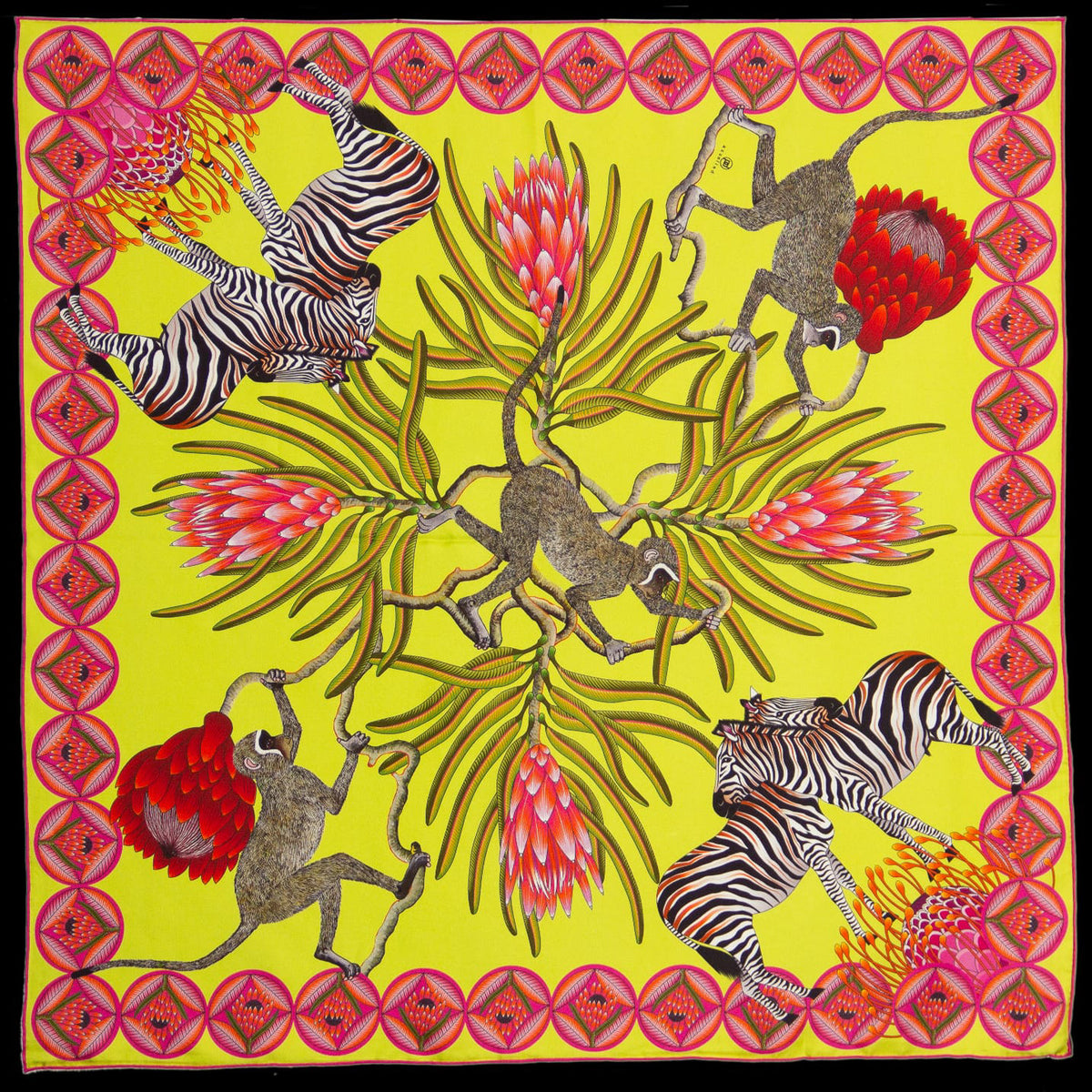 Brand New Bellezza Lemon & Lime Zebra Safari Double Faced Silk Scarf