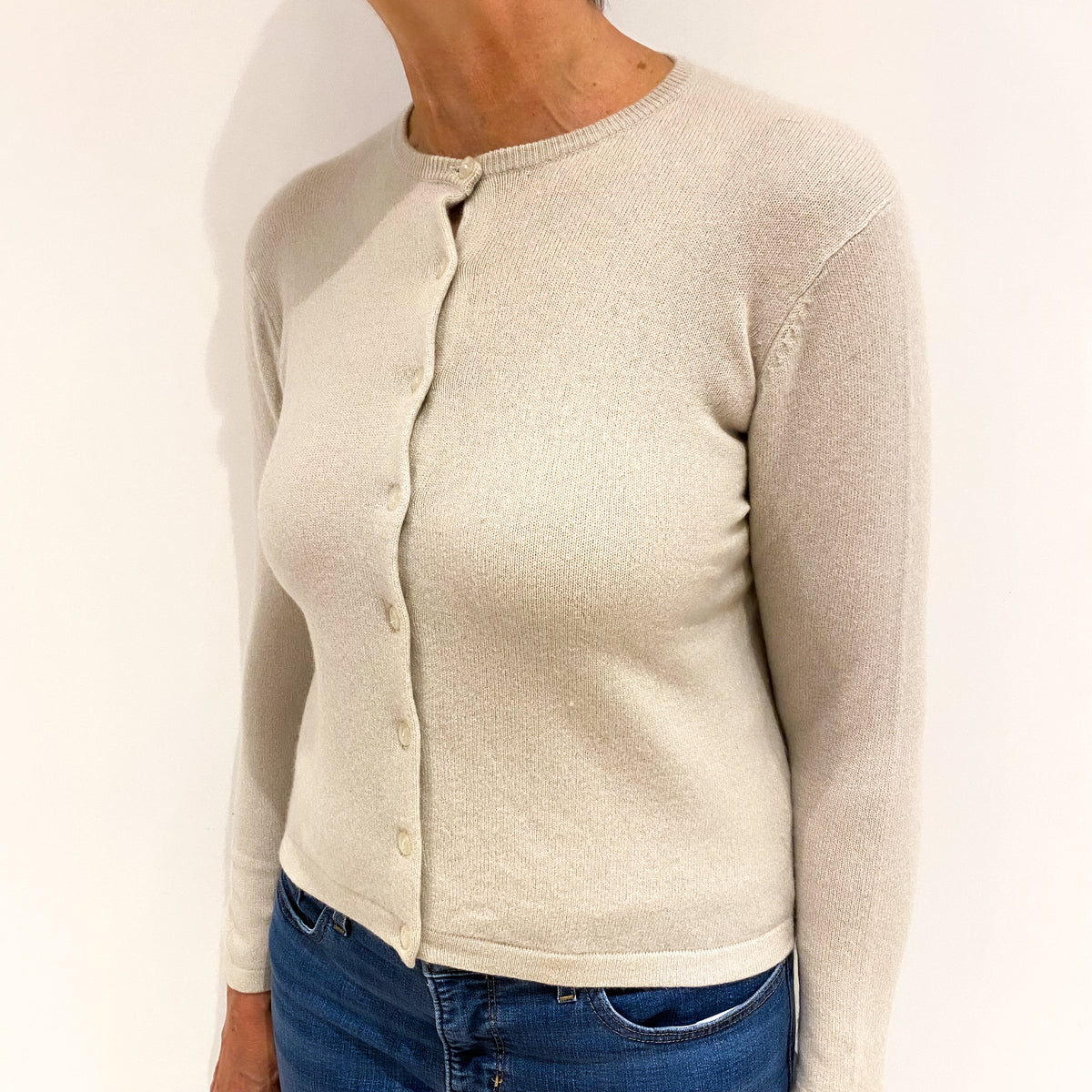 Honey Beige Cashmere Crew Neck Cardigan Medium