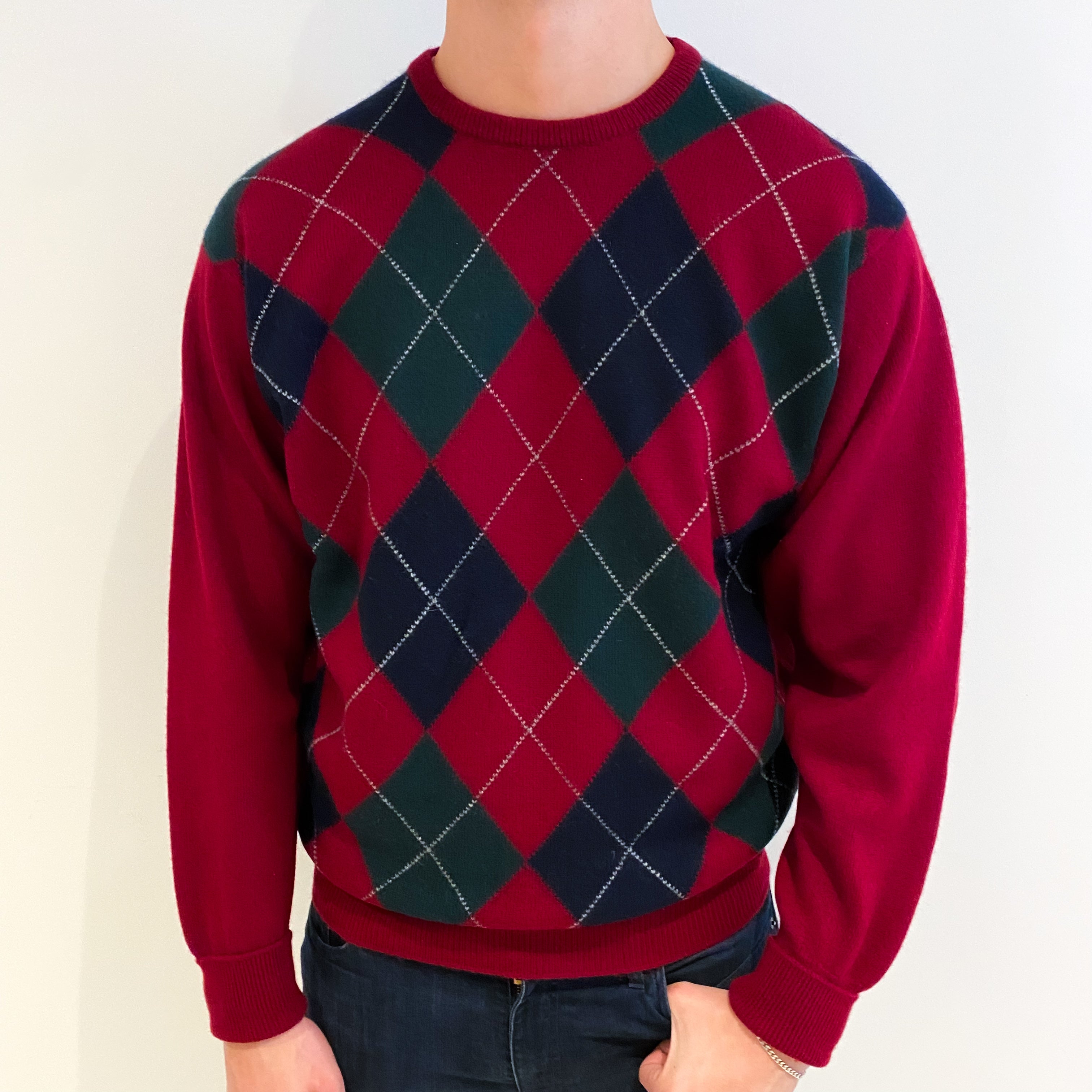 Men's Scottish Crimson Red Diamond Cashmere Crew Neck Jumper XXL