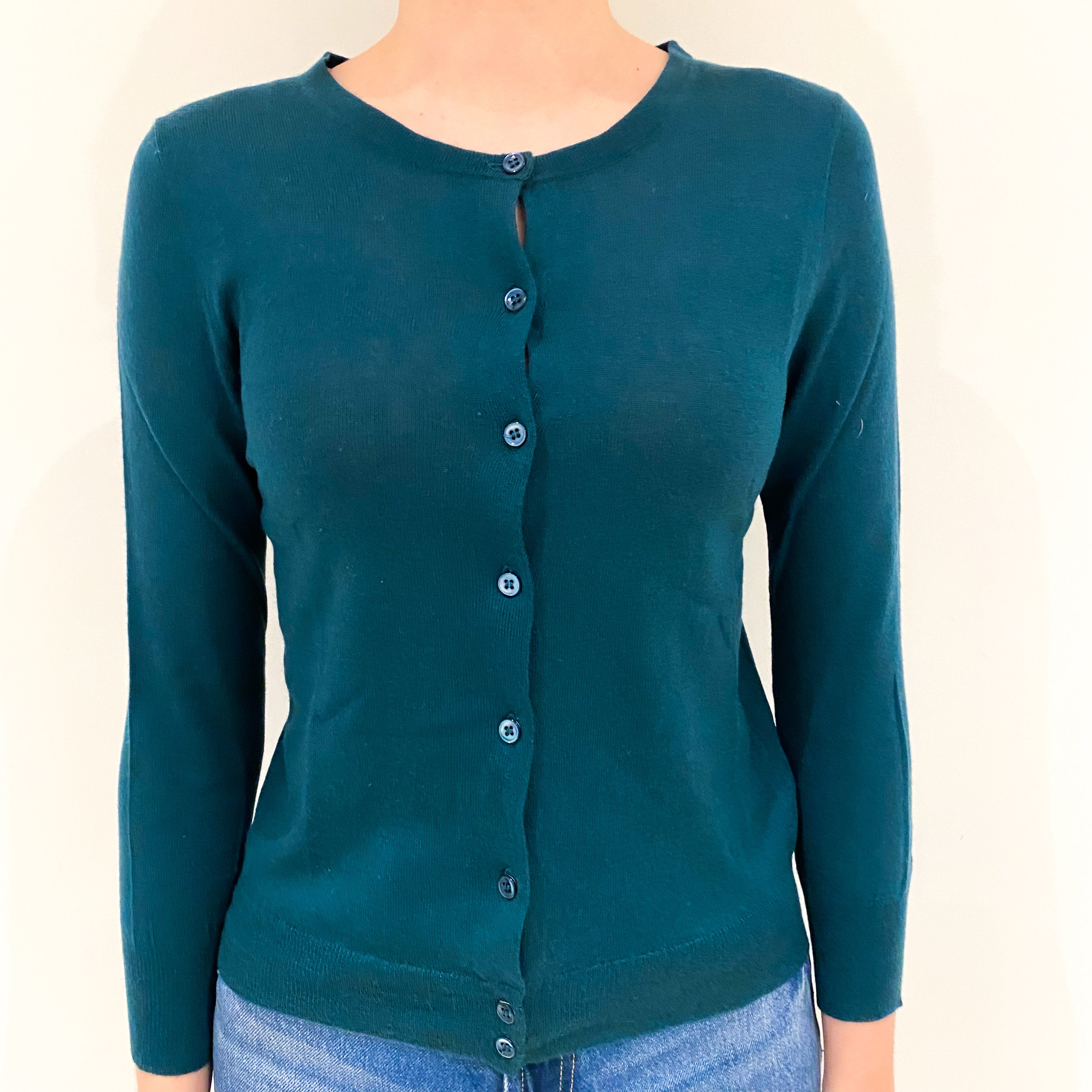 Racing Green Cashmere Fine Knit Crew Neck Cardigan Extra Small