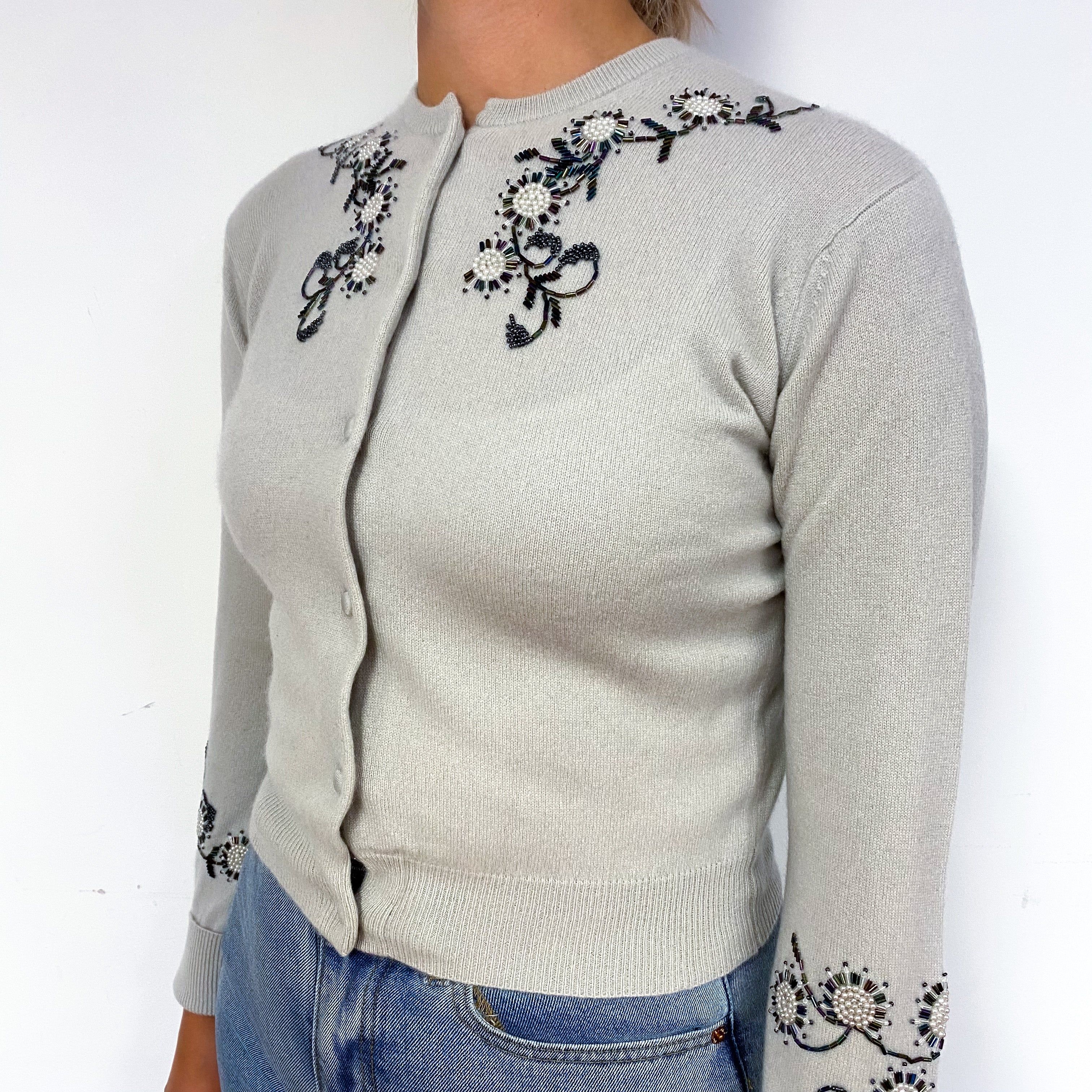 Vintage Pringle Frost Grey Embellished Cashmere Cardigan Small