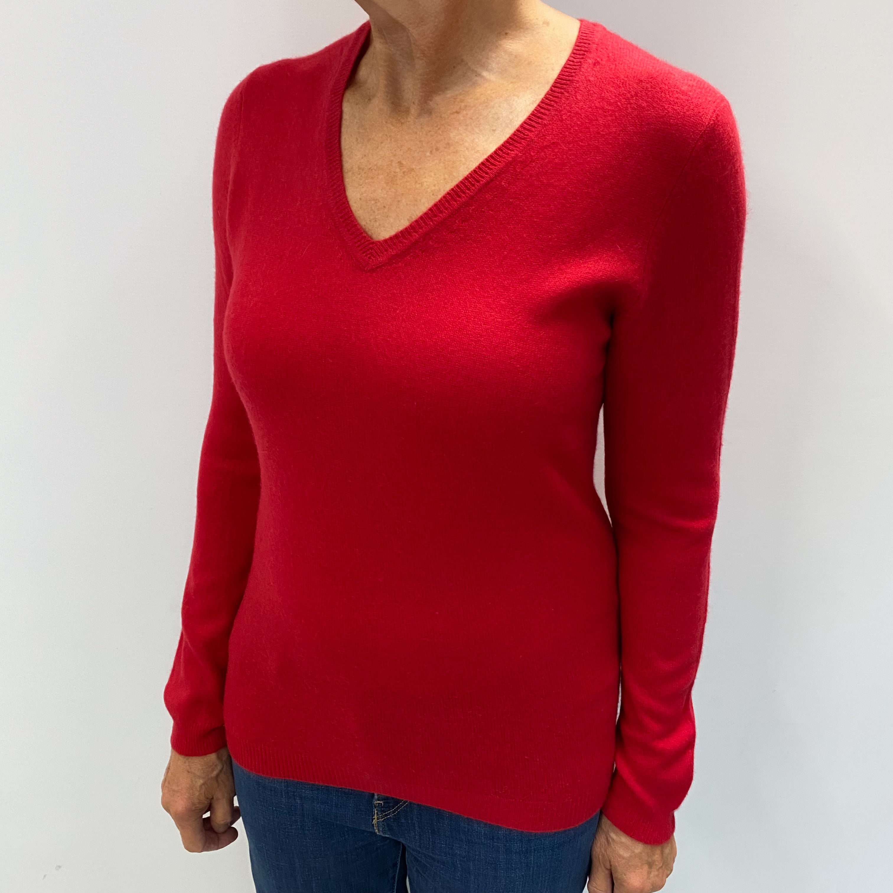 Post Box Red Cashmere V Neck Jumper Medium