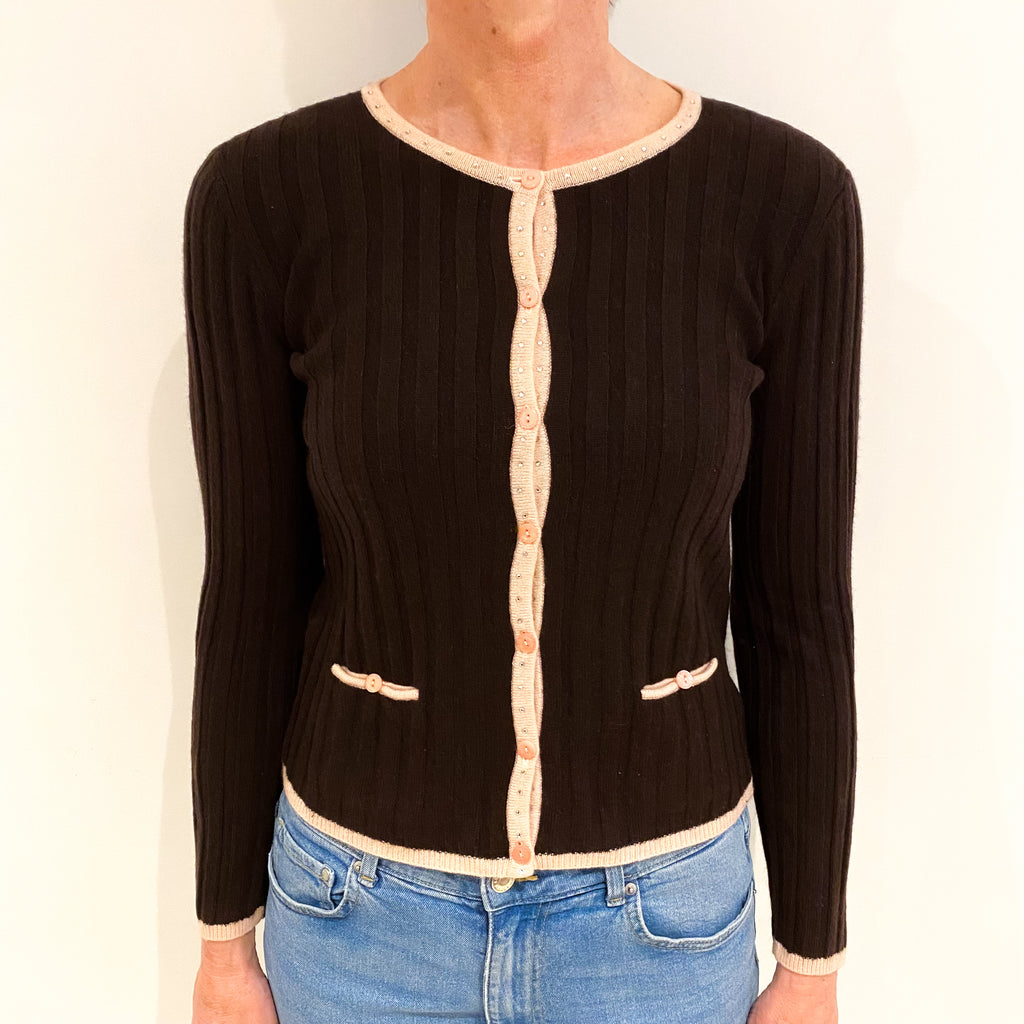 Chocolate Brown Cashmere Crew Neck Cardigan Small
