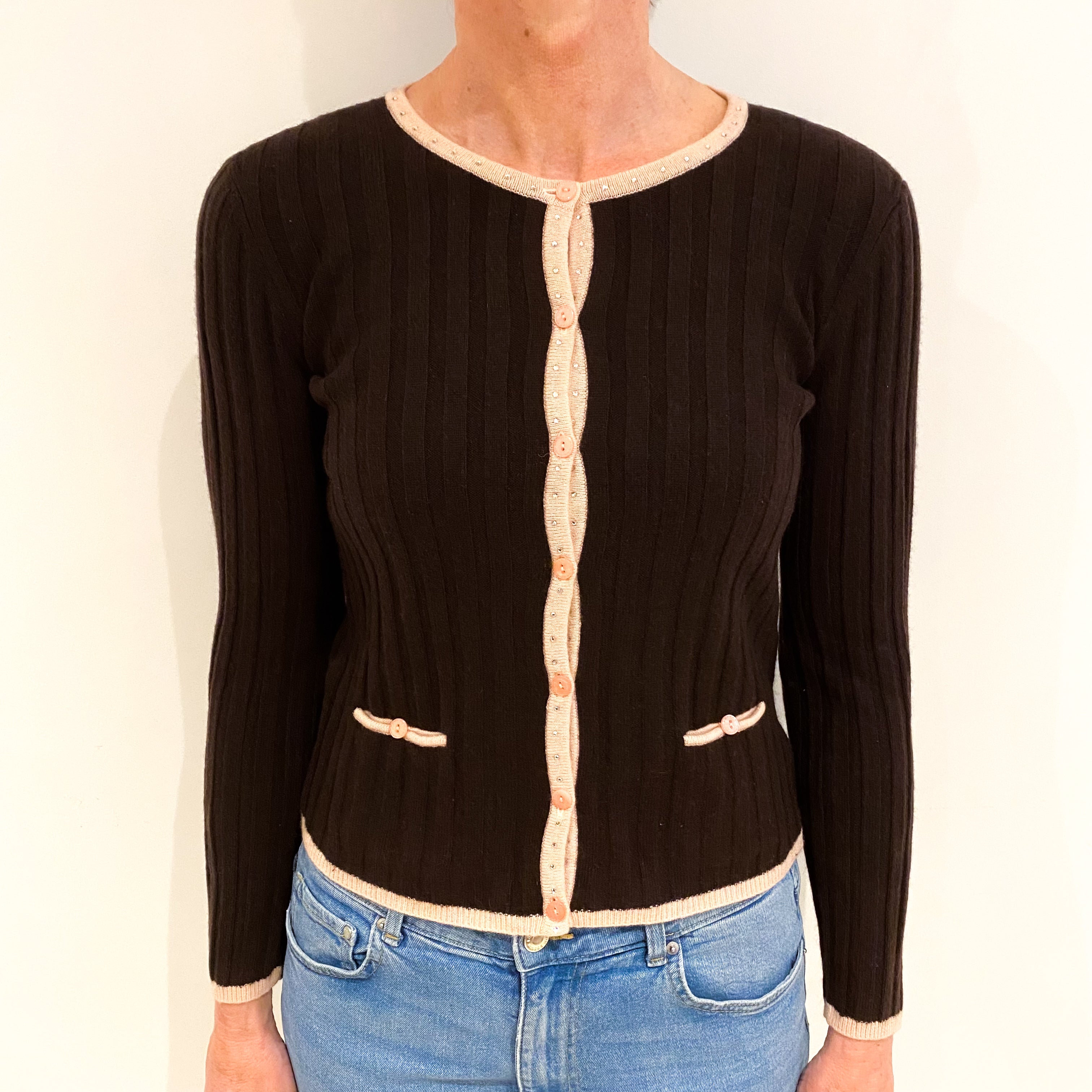 Chocolate Brown Cashmere Crew Neck Cardigan Small