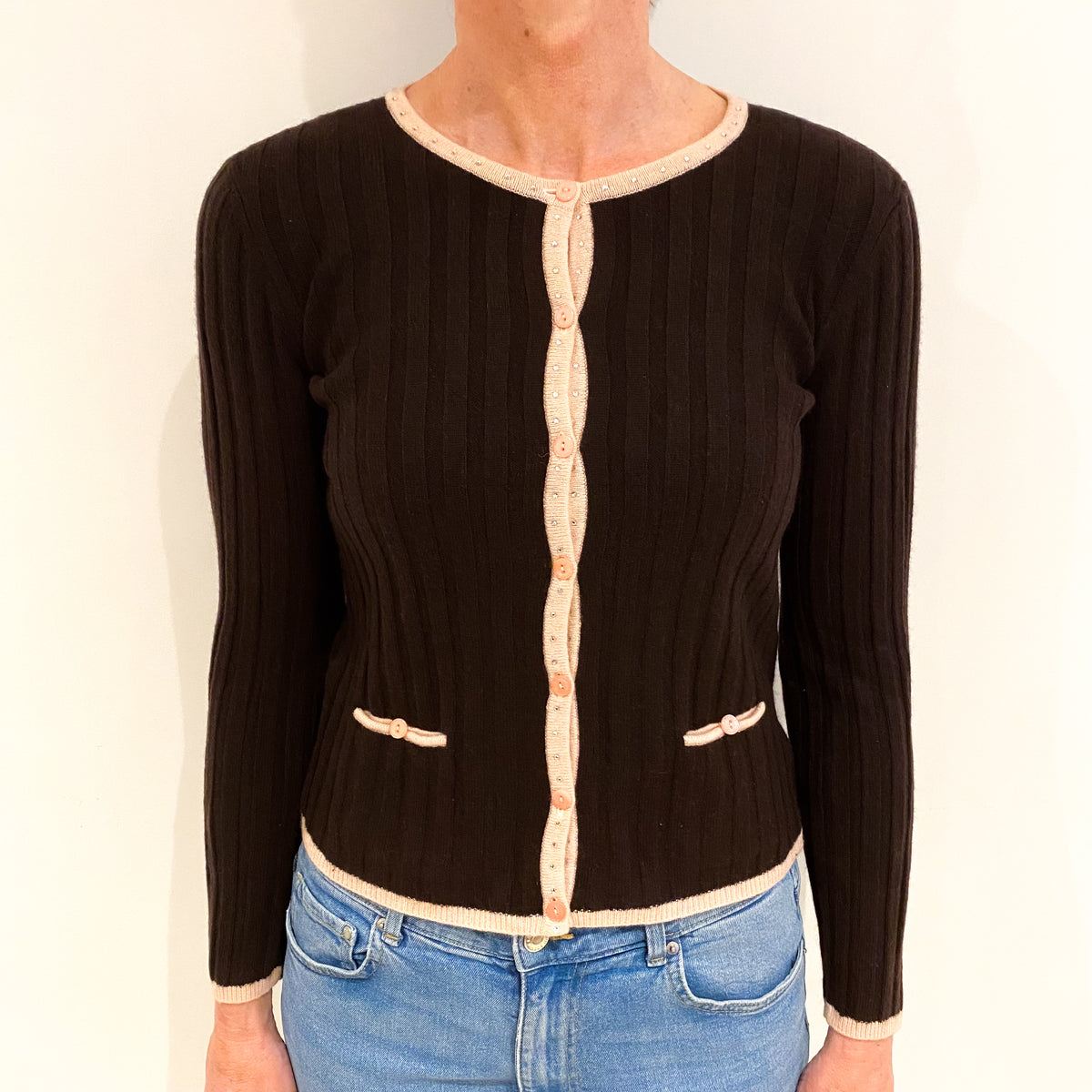 Chocolate Brown Cashmere Crew Neck Cardigan Small