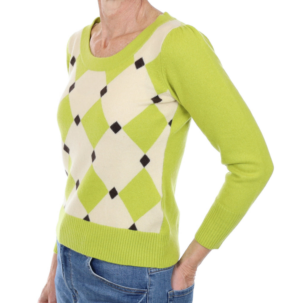 Key Lime Green Diamond Cashmere Crew Neck Jumper Small