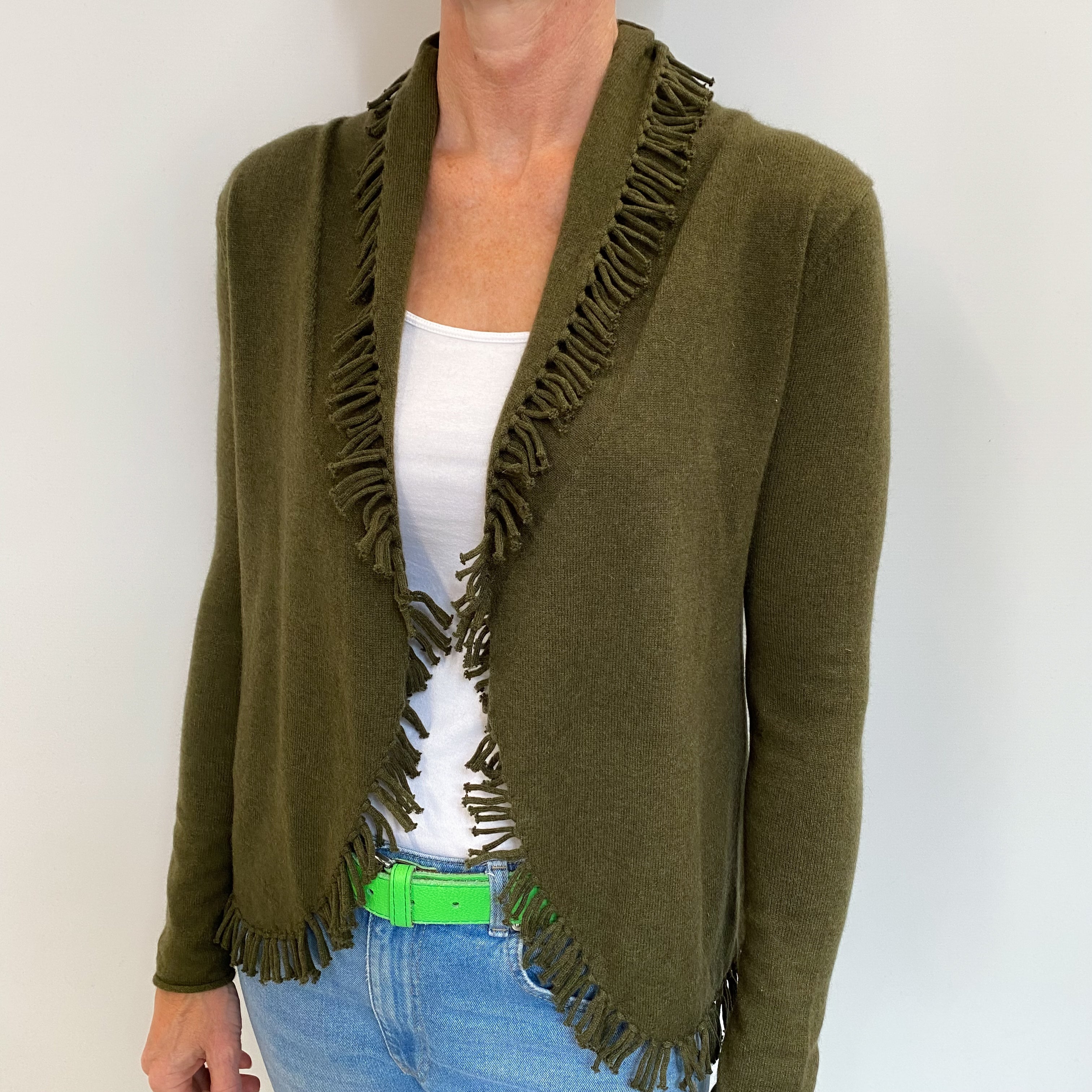 Deep Moss Green Cashmere Edge To Edge Cardigan Small