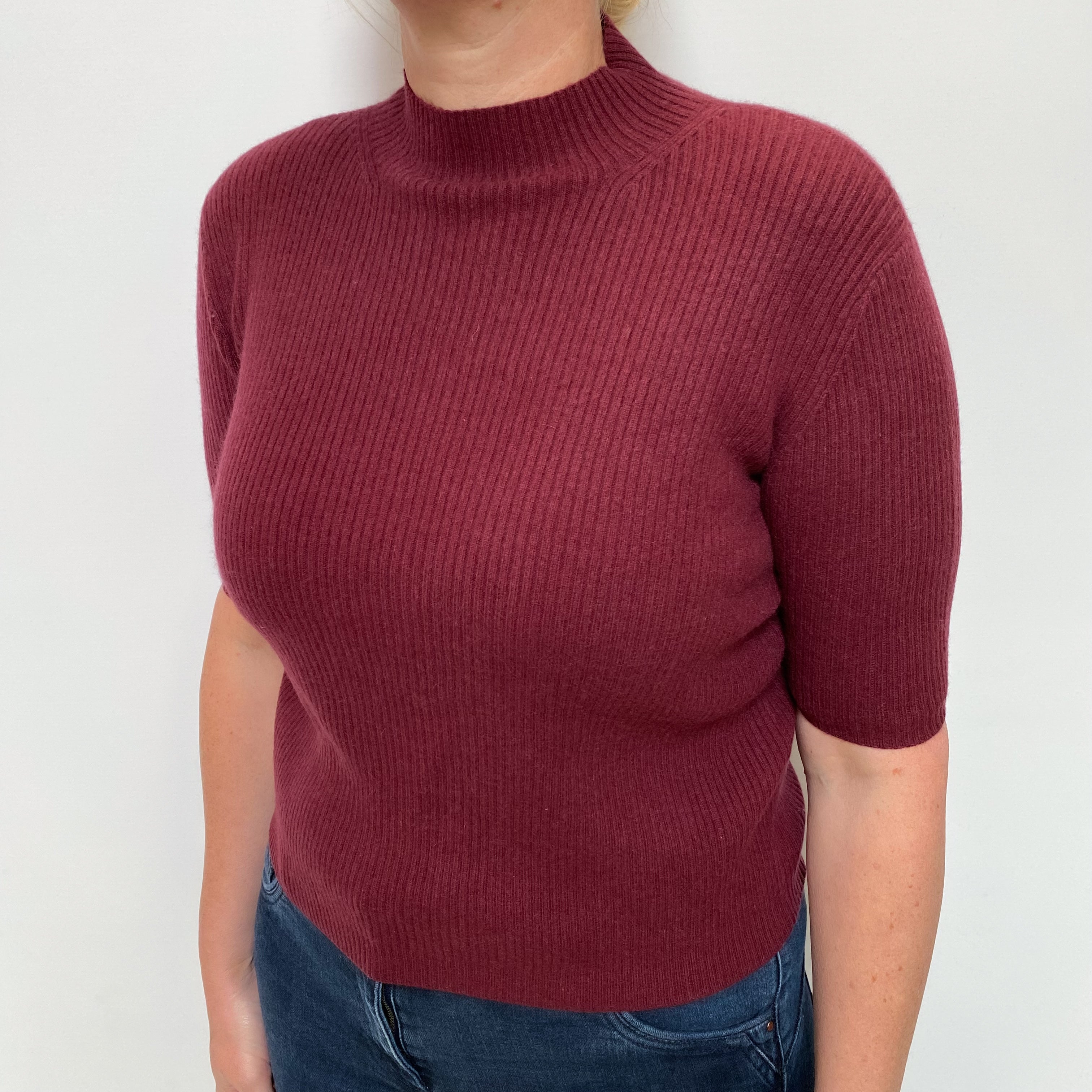Claret Red Rib Cashmere Short Sleeve Turtle Neck Jumper Large
