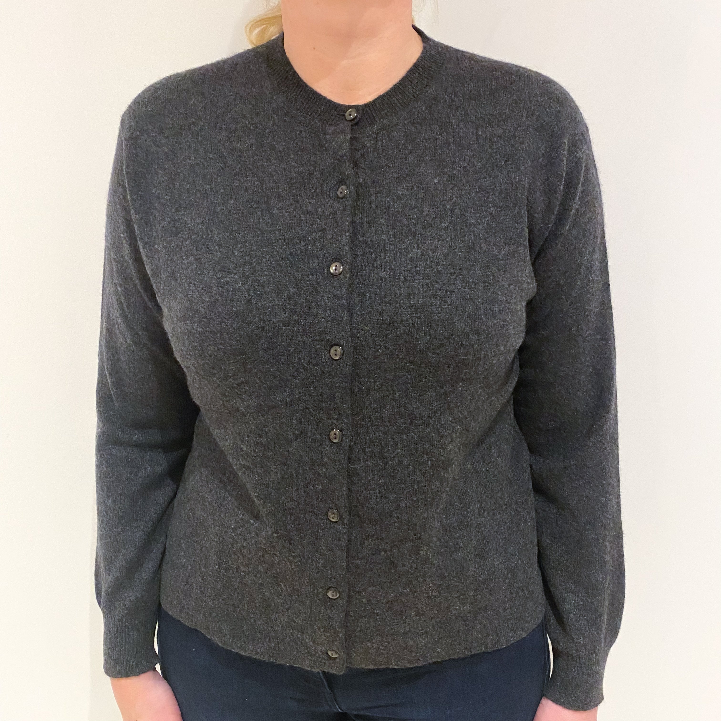 Charcoal Grey Cashmere Crew Neck Cardigan Large