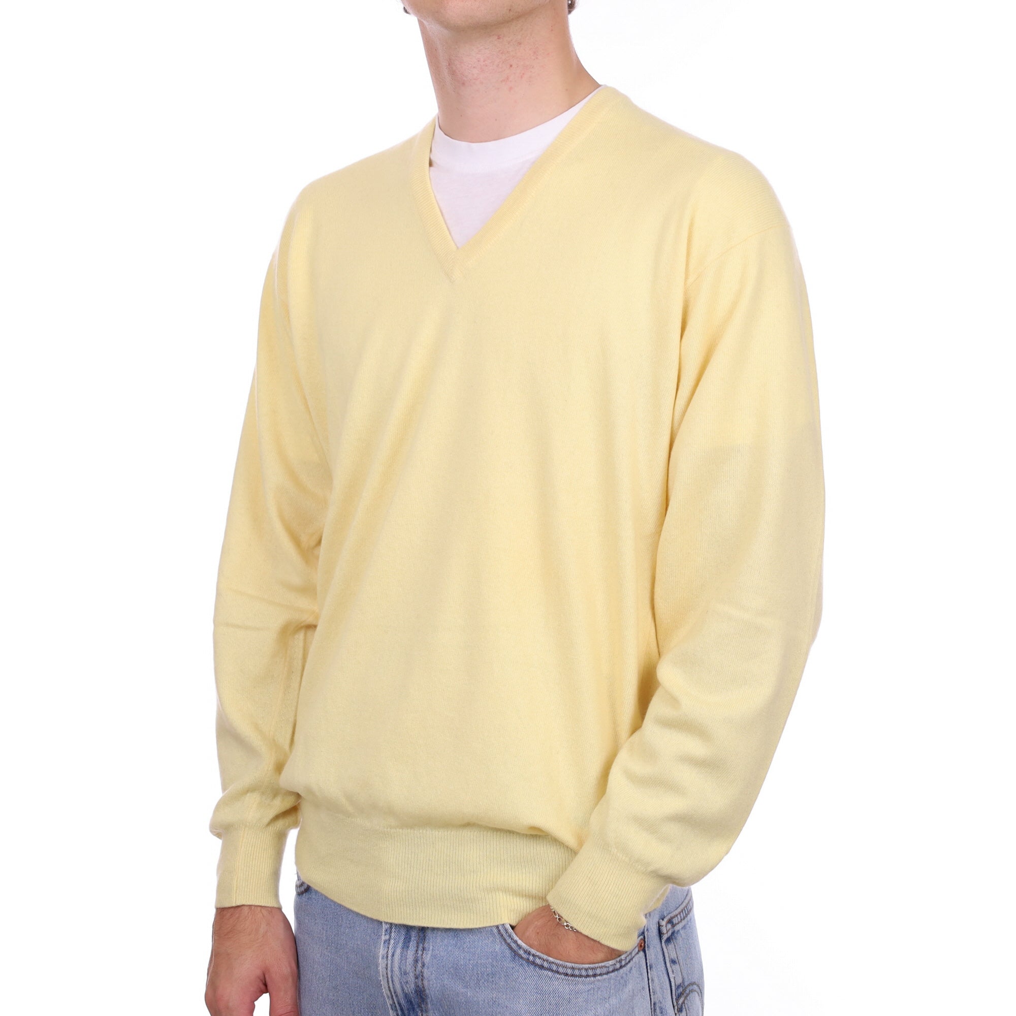 Men's Scottish Daffodil Yellow Cashmere V Neck Jumper Large