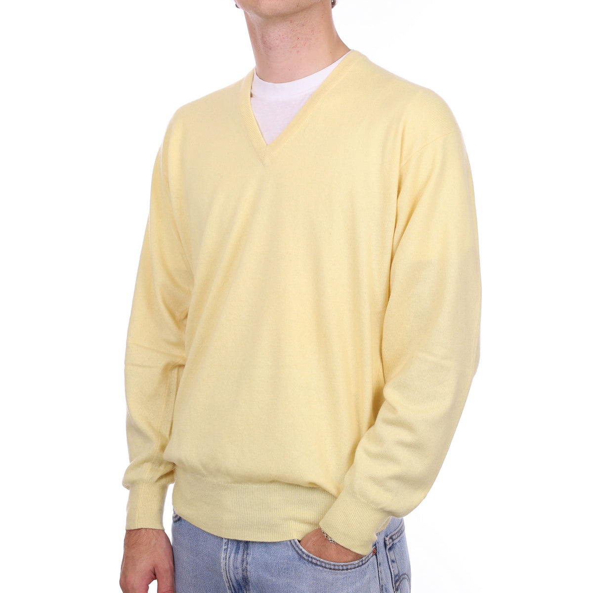 Men's Scottish Daffodil Yellow Cashmere V Neck Jumper Large
