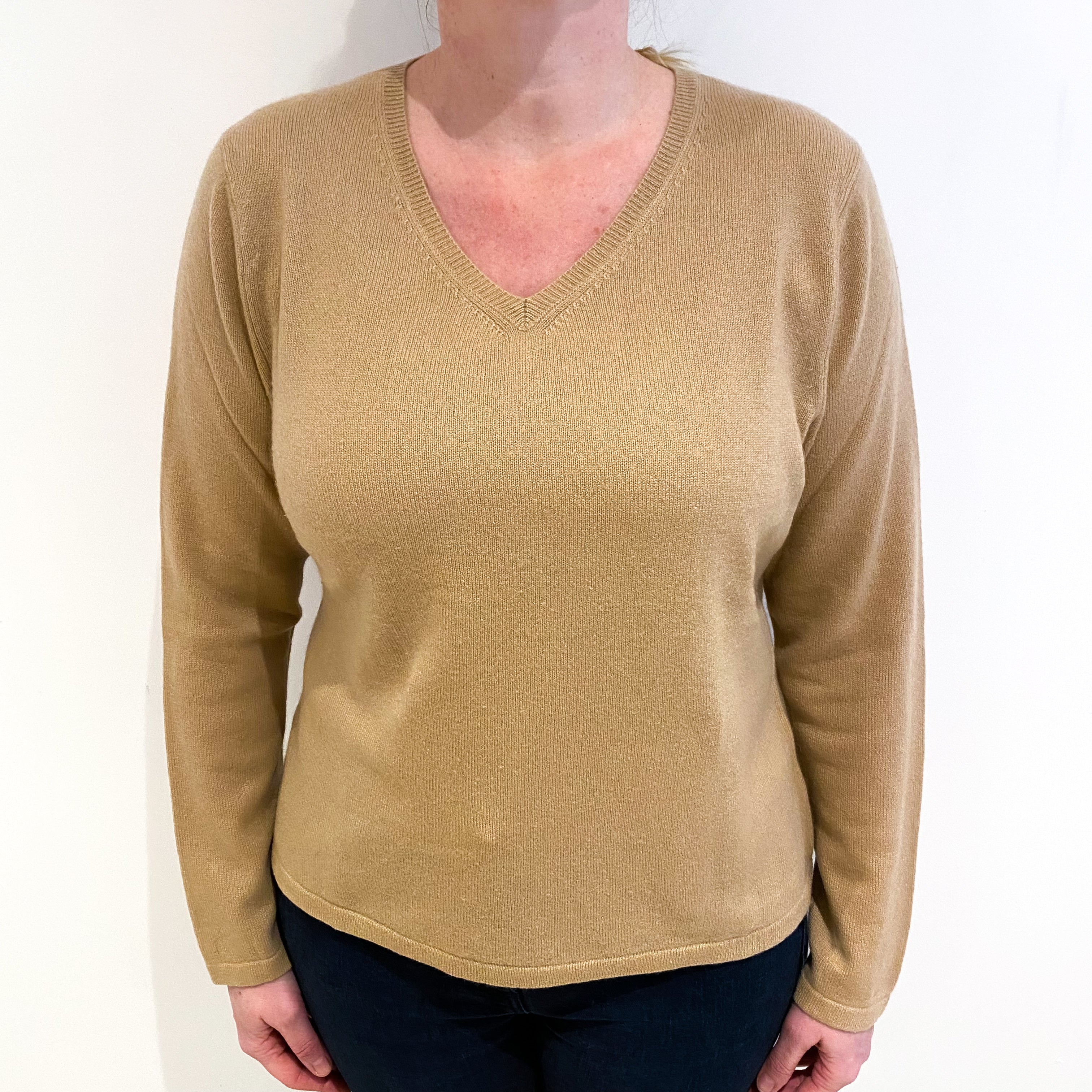 Caramel Brown Cashmere V Neck Jumper Large