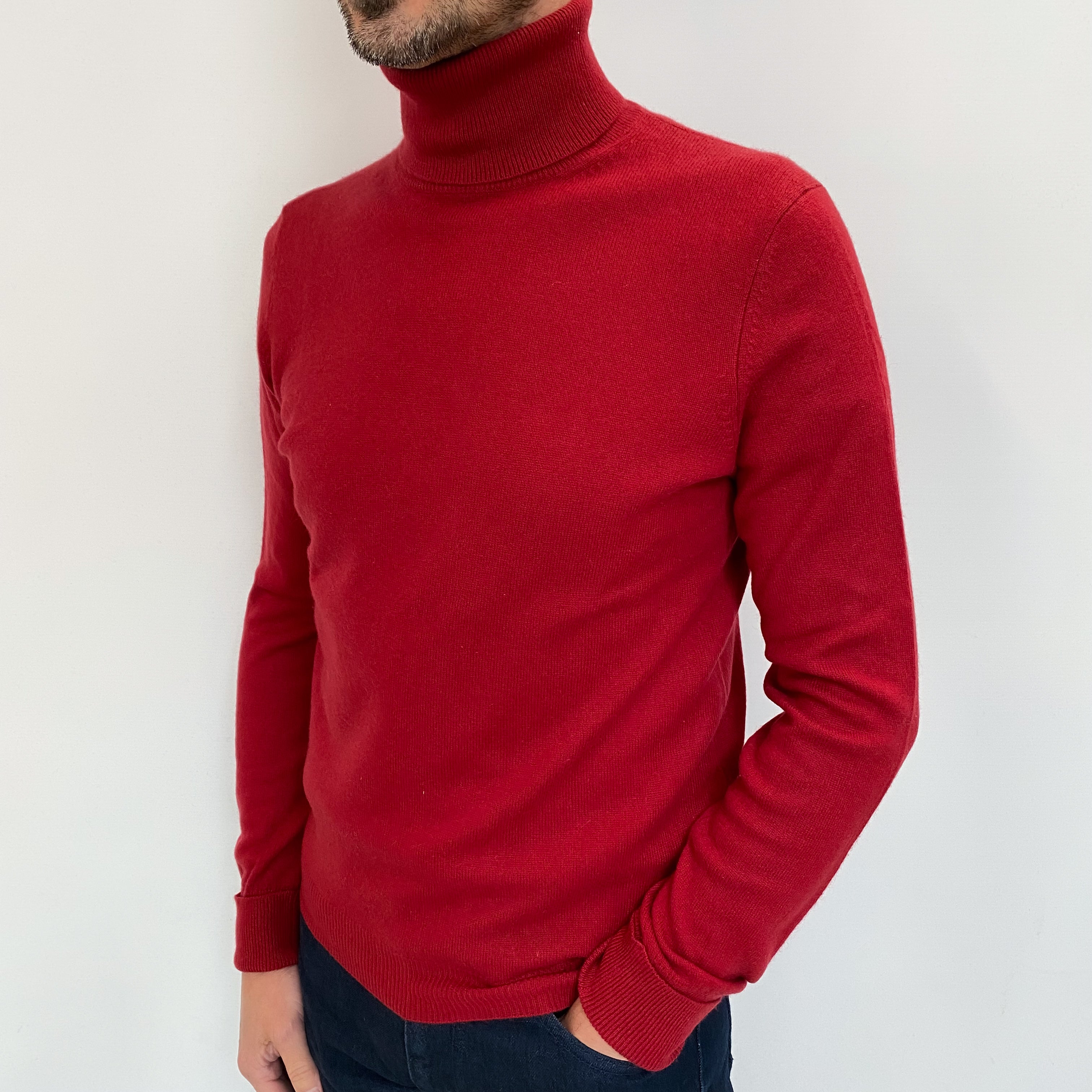 Men's Crimson Red Cashmere Polo Neck Jumper Small