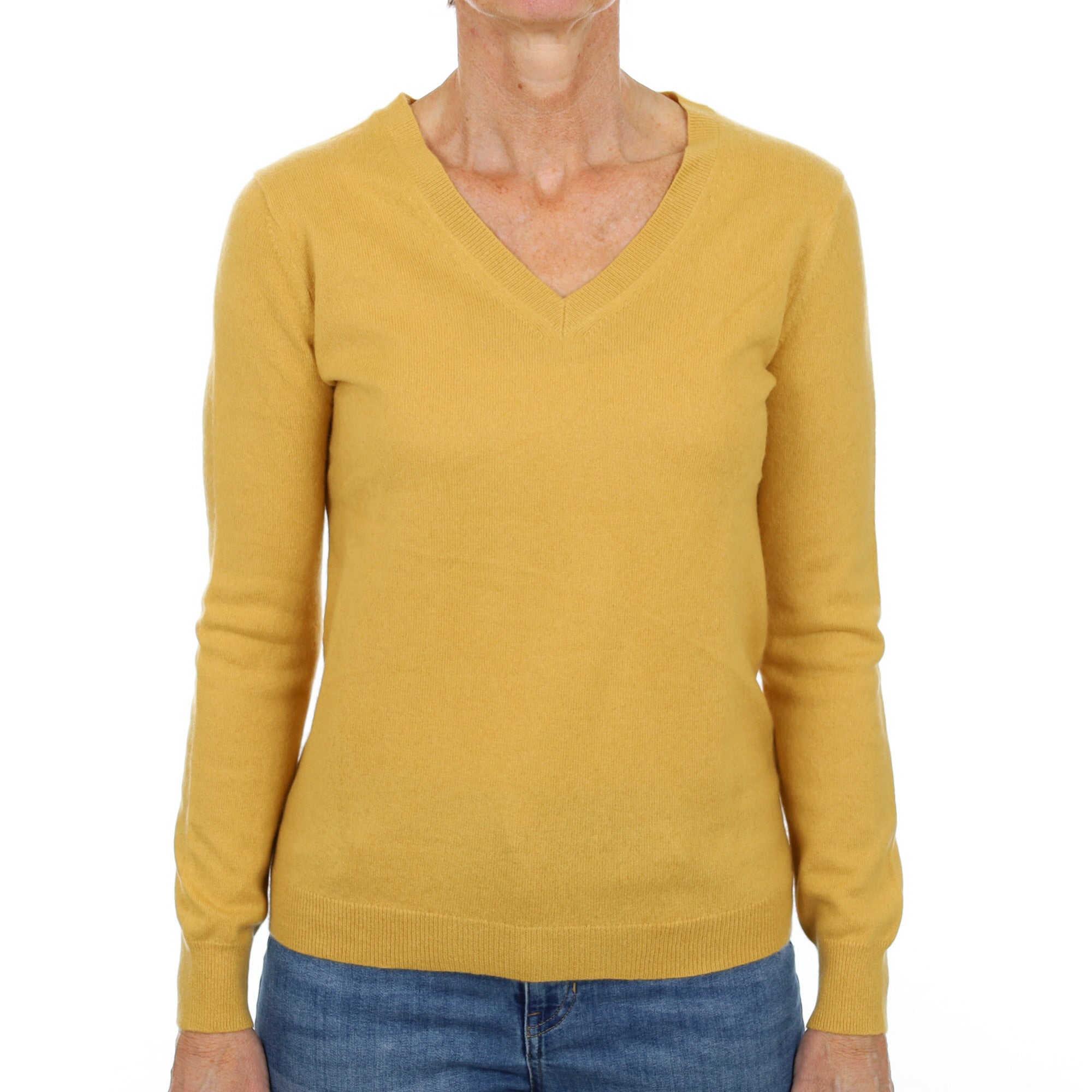 Flaxen Yellow Cashmere V Neck Jumper Small