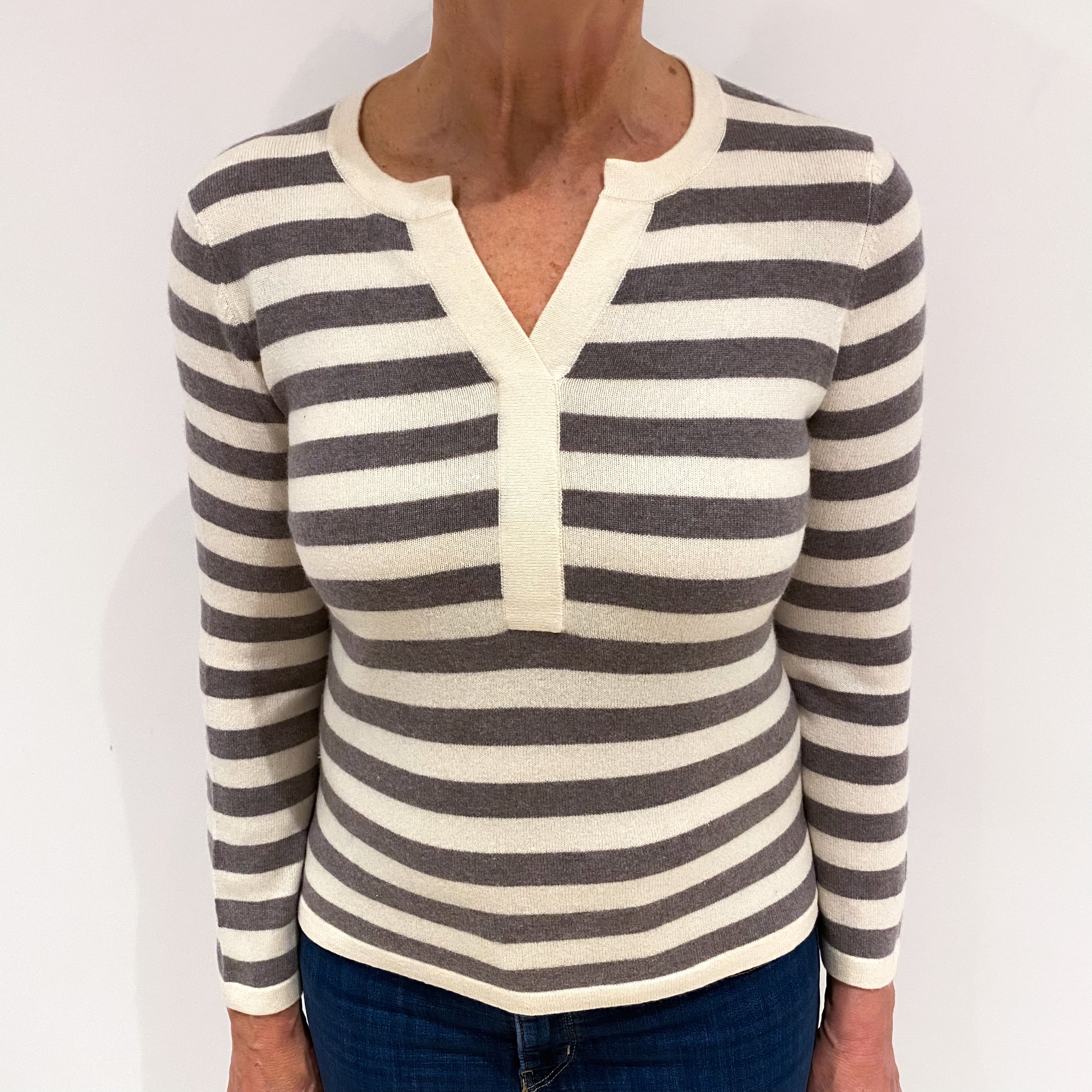 Mink And Cream Striped Cashmere V Neck Jumper Medium
