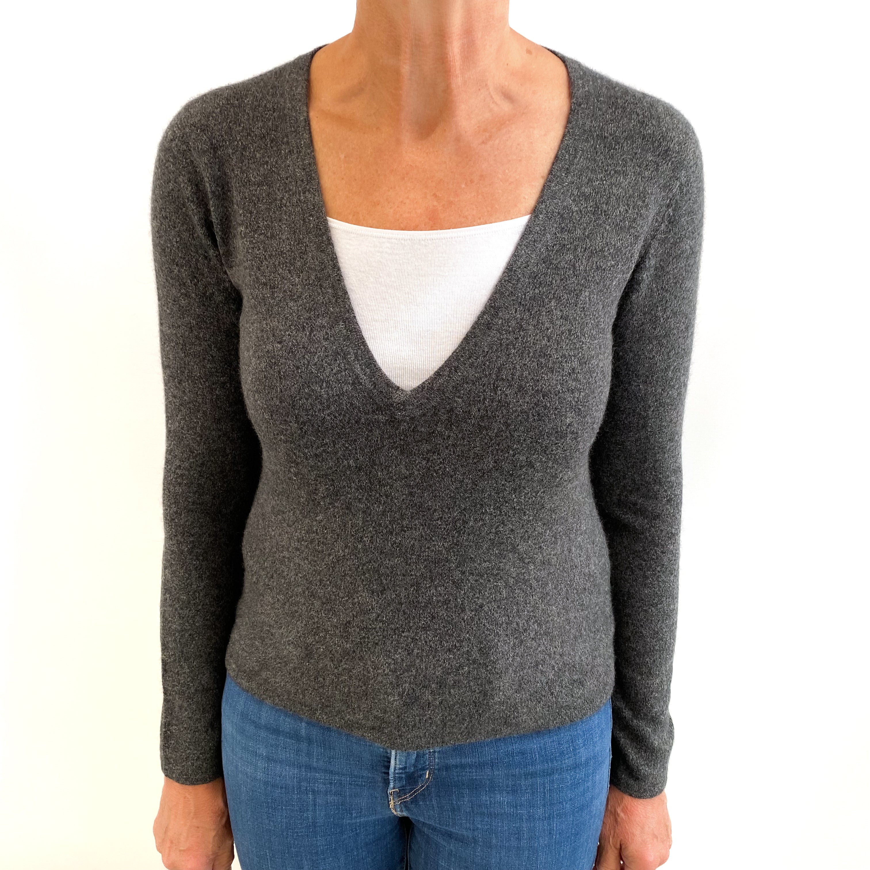 Charcoal Marl Cashmere V Neck Jumper Medium