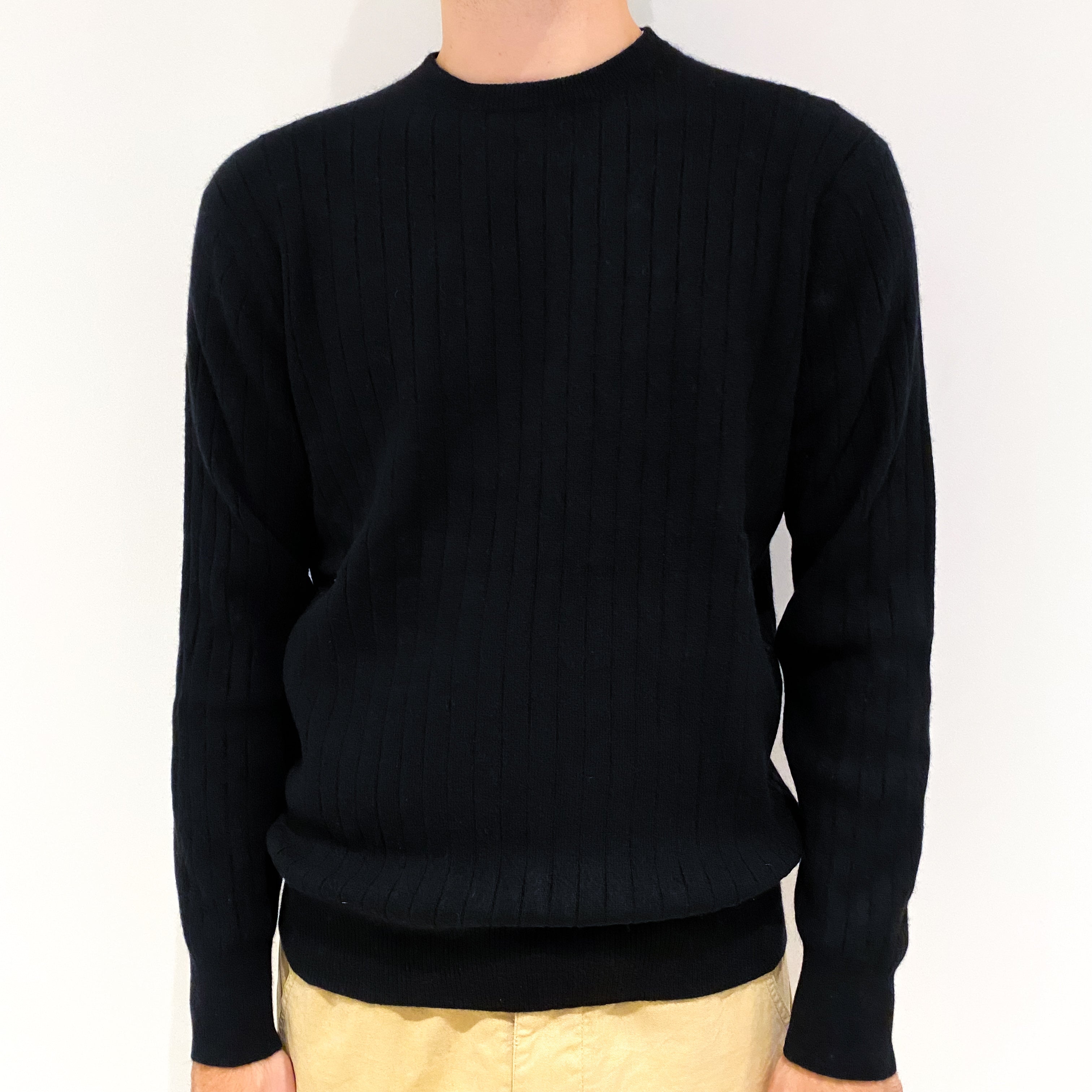 Men's Black Wide Rib Cashmere Crew Neck Jumper Large