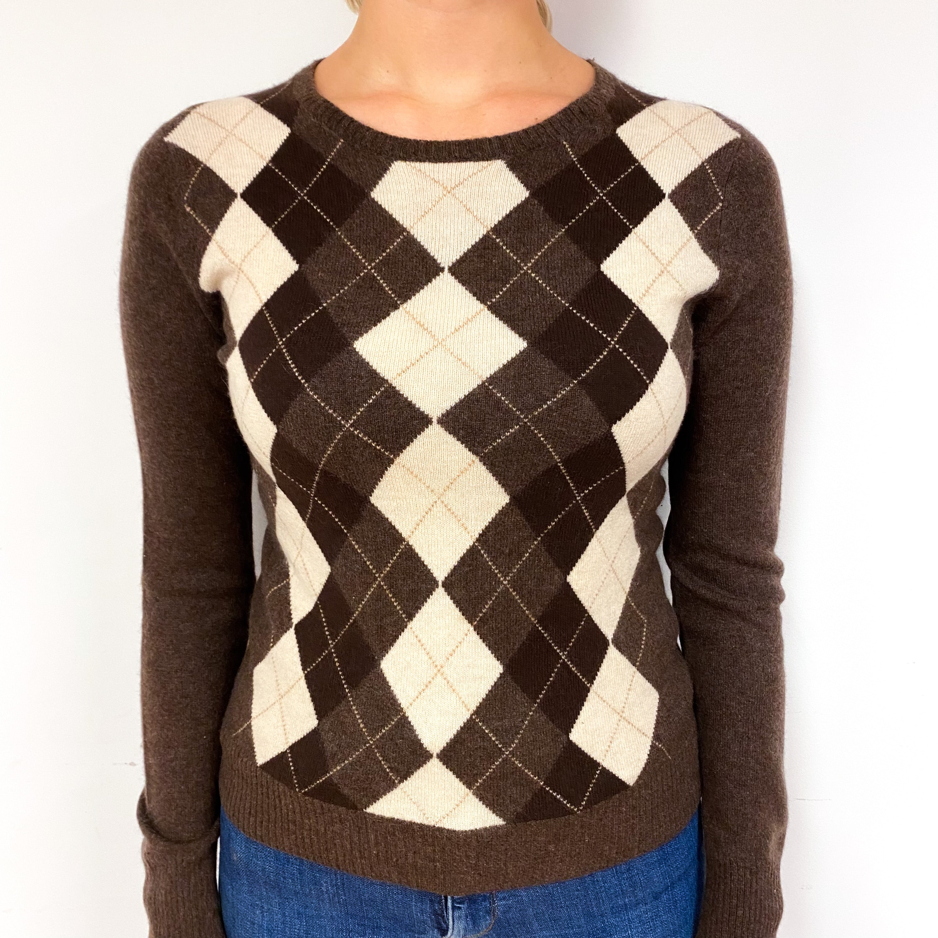 Mole Brown Cream Diamond Cashmere Crew Neck Jumper Small