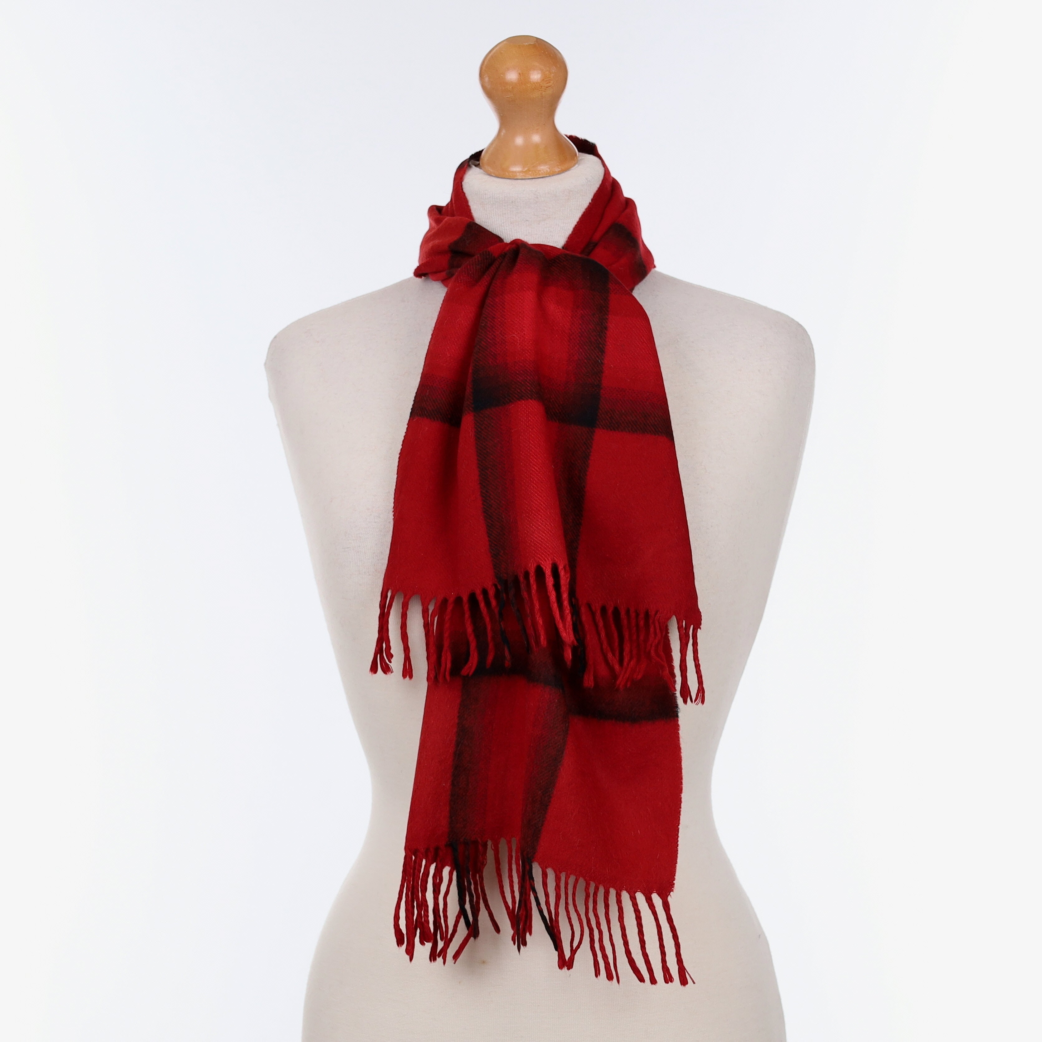 Crimson Red And Black Checked Cashmere Woven Scarf
