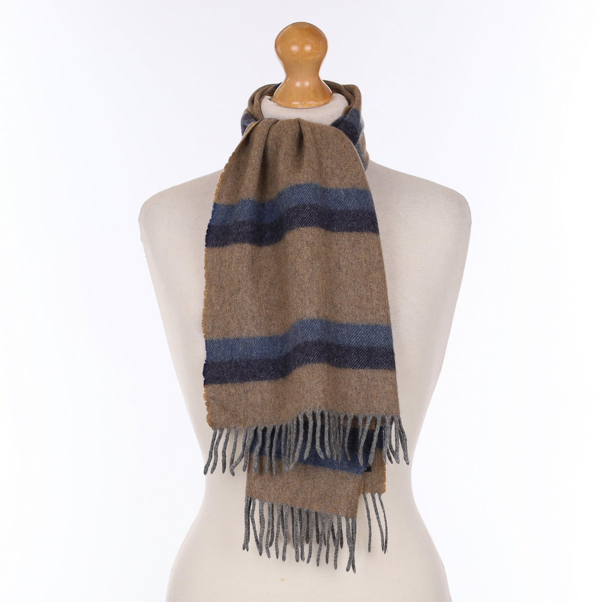 Beige And Blue Striped Cashmere Woven Scarf